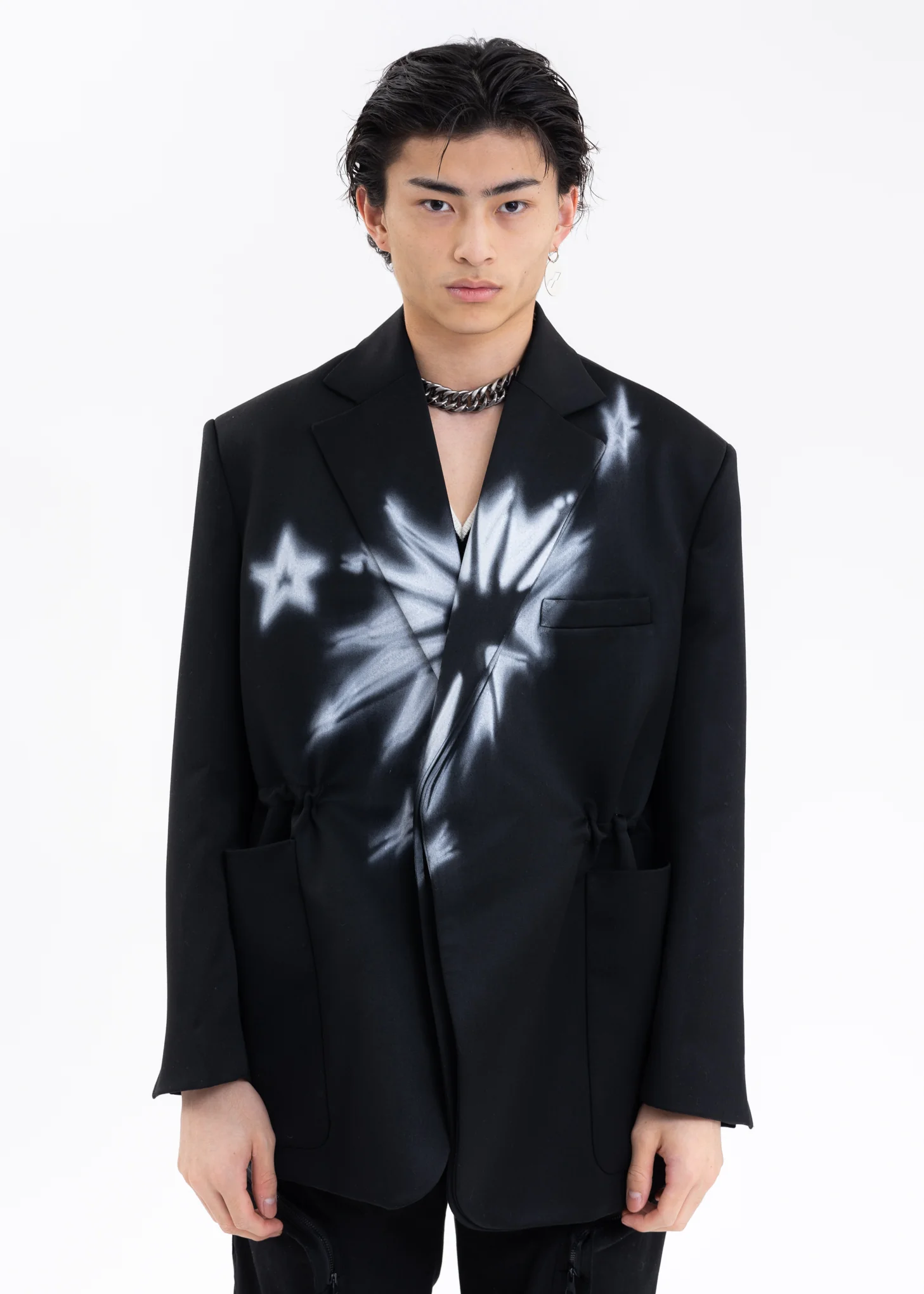 BLACK WAIST STRING JACKET WITH STAR PRINT