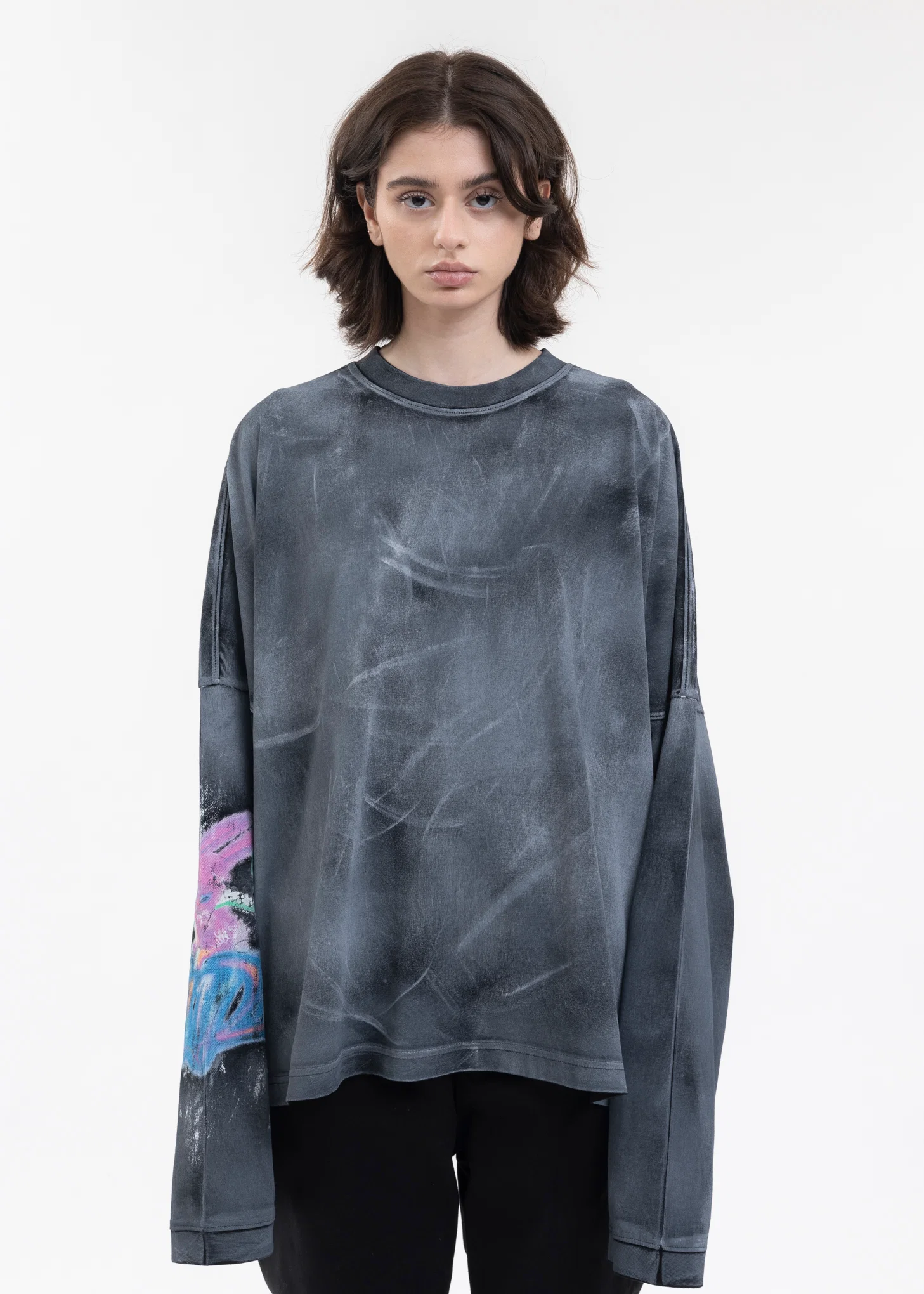 BLACK WASHED LOGO PRINT LONG-SLEEVED T-SHIRT