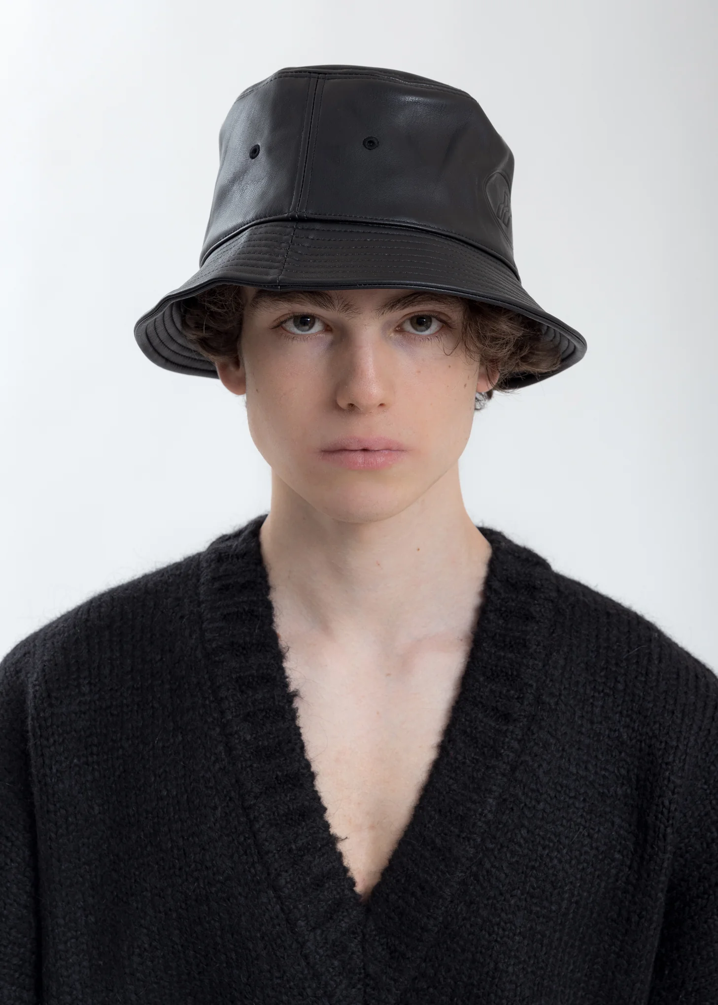 Black WD Logo Embossed Faux Leather  Bucket Hat