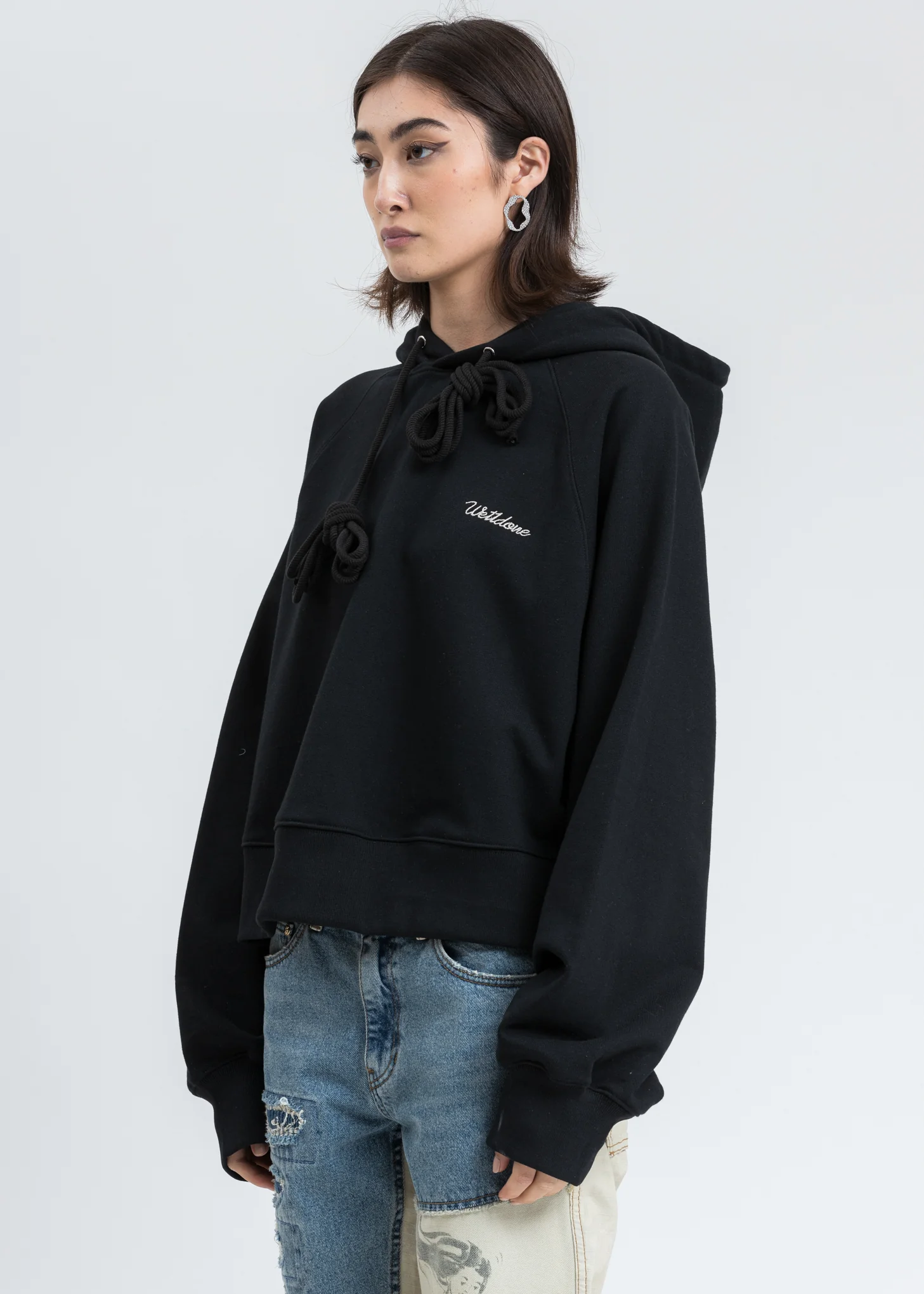 Black We11done Embroidery Cropped Hoodie - Image 3