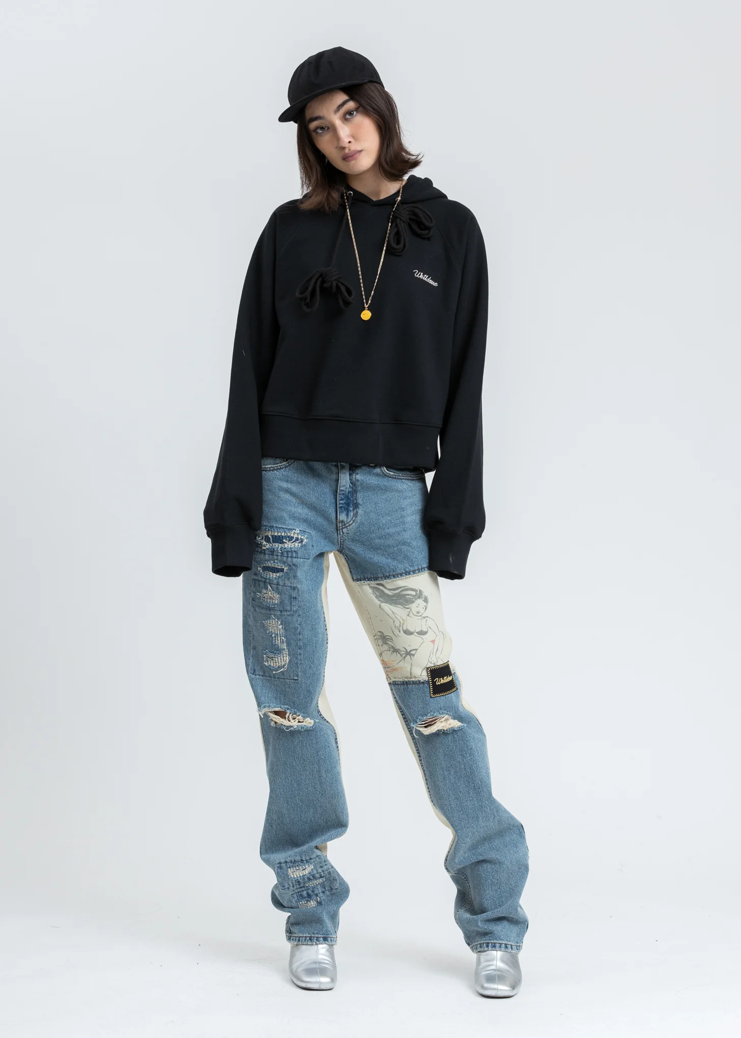 Black We11done Embroidery Cropped Hoodie - Image 6