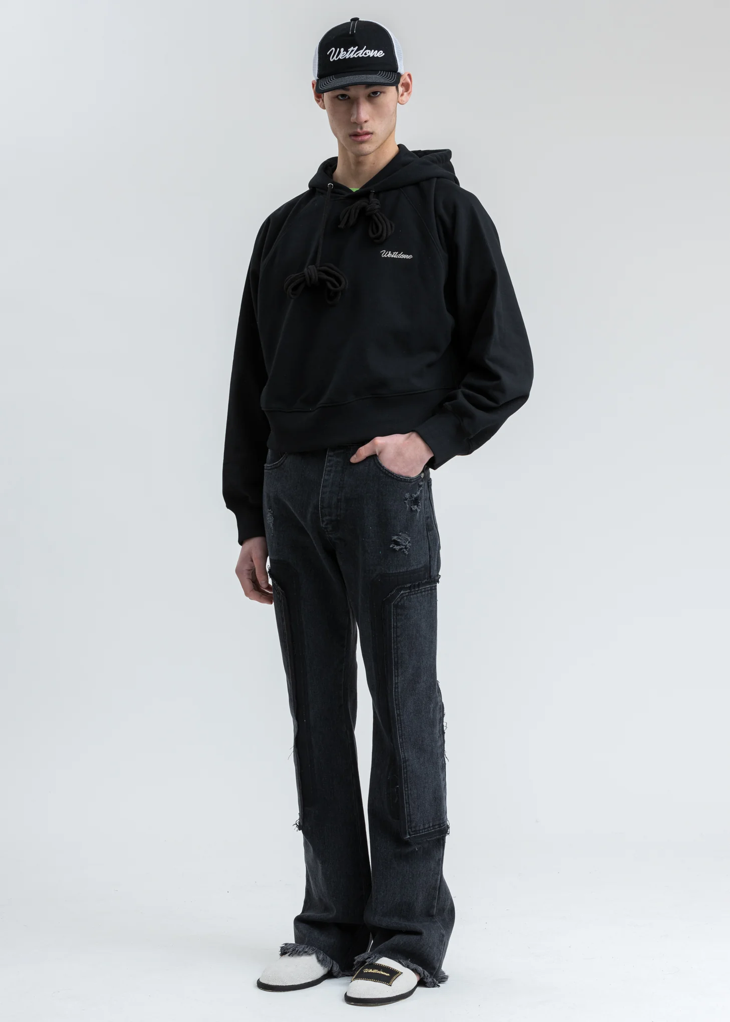 Black We11done Embroidery Cropped Hoodie - Image 6