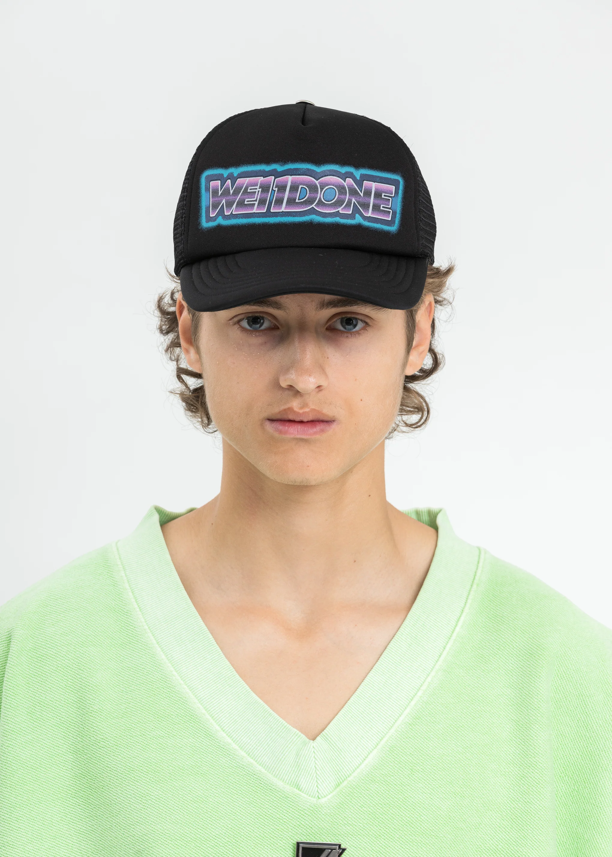 Black WE11DONE Logo Trucker Mesh Cap