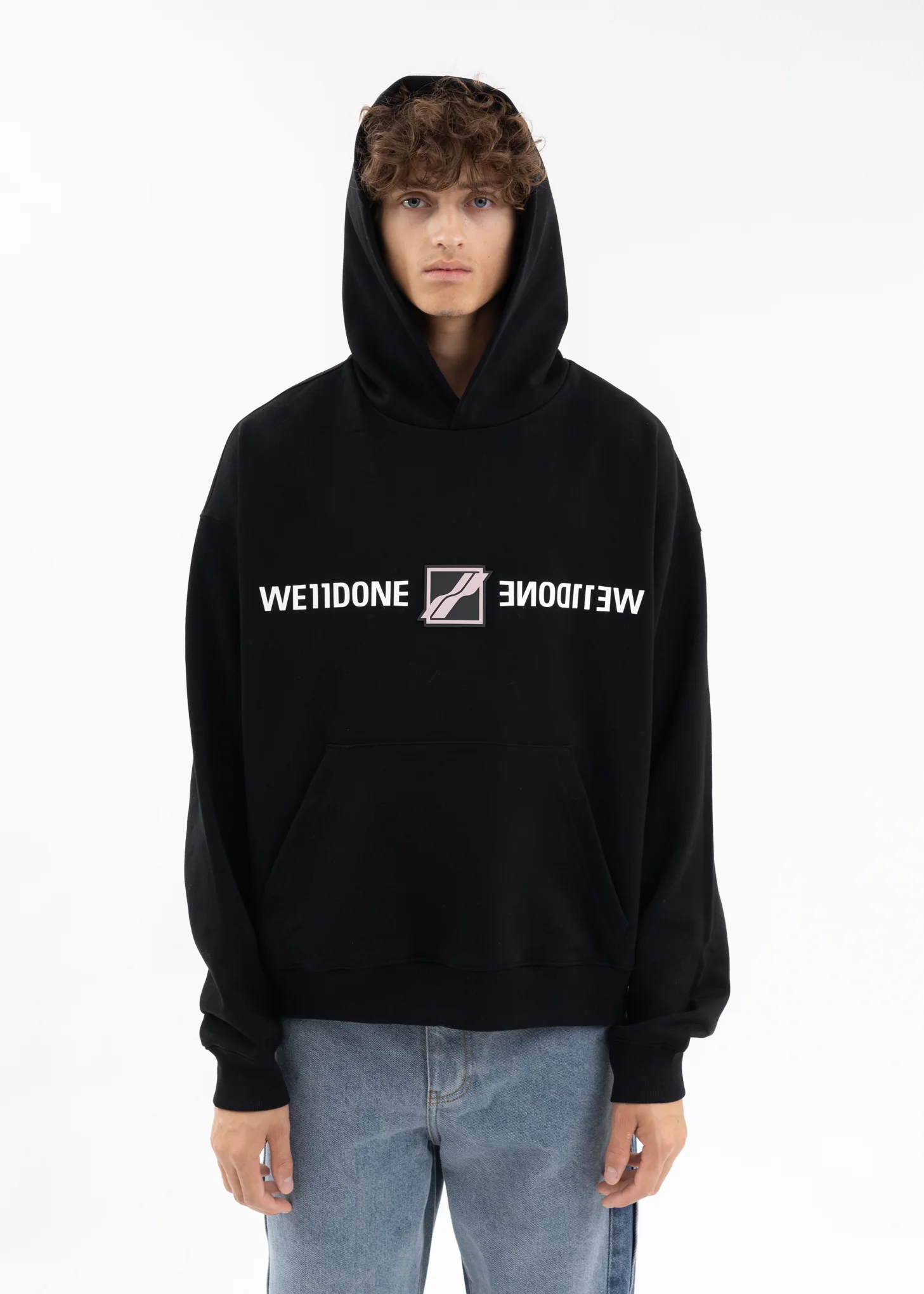BLACK WE11DONE PATCHED MIRROR LOGO HOODIE