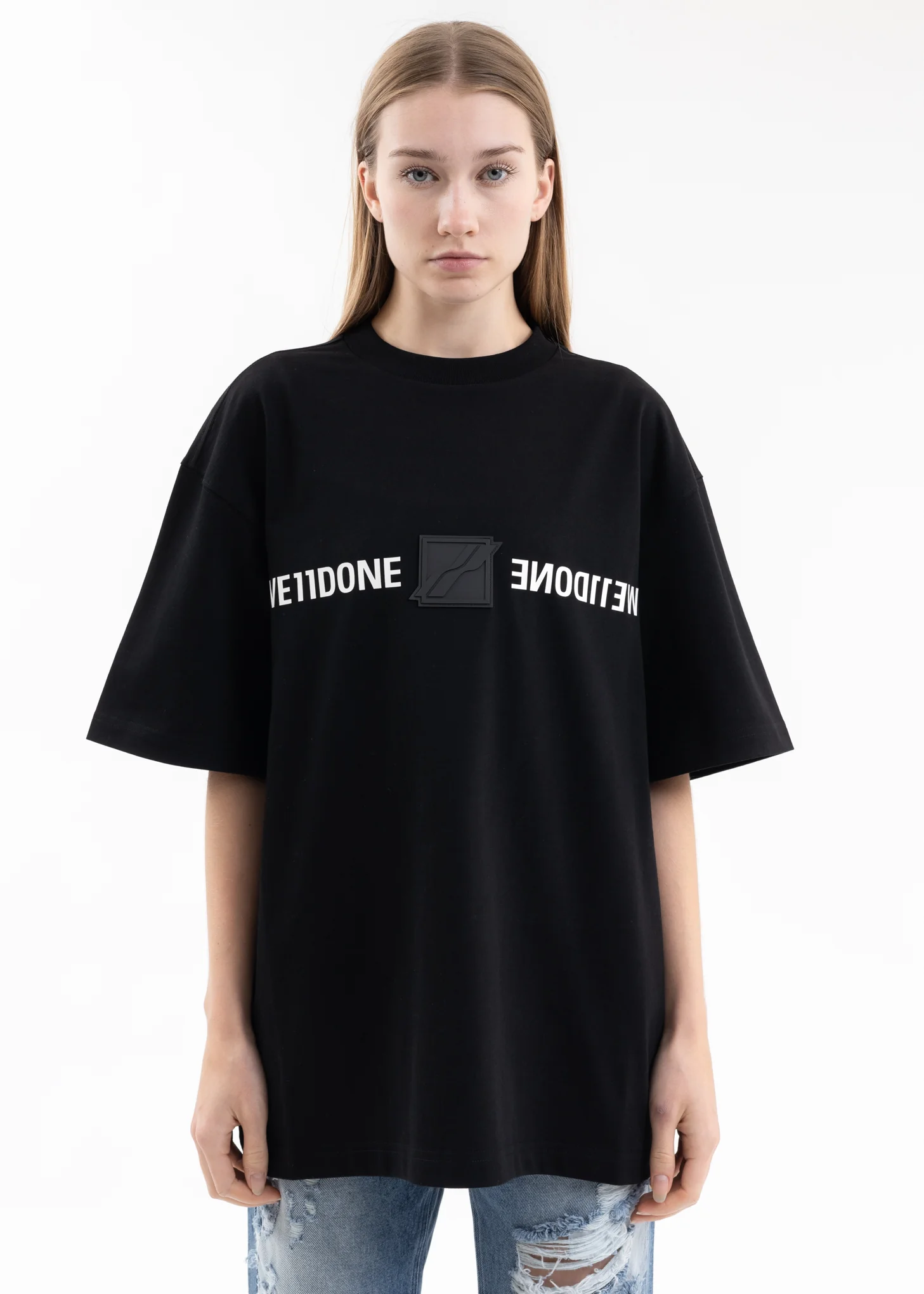 BLACK WE11DONE PATCHED MIRROR LOGO T-SHIRT