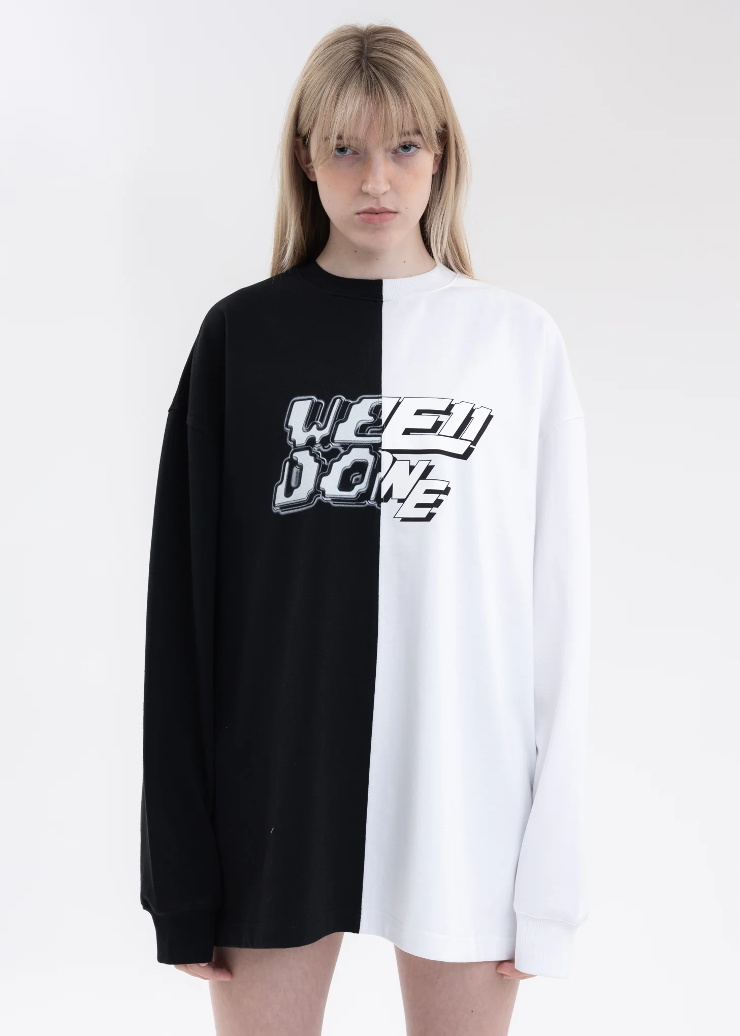 BLACK/WHITE HALF AND HALF LONG-SLEEVED T-SHIRT