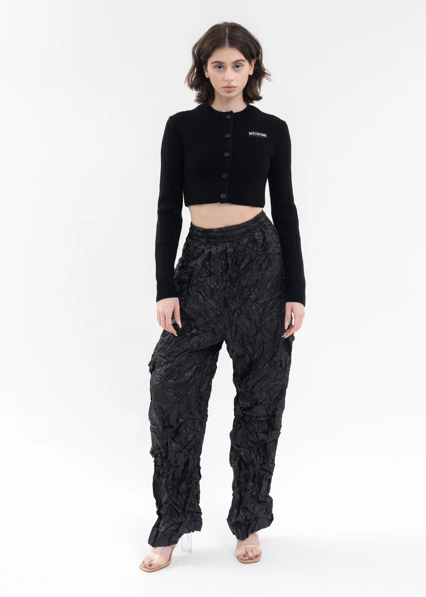 BLACK WOMENS CROPPED LONG-SLEEVED CABLE CARDIGAN - Image 6
