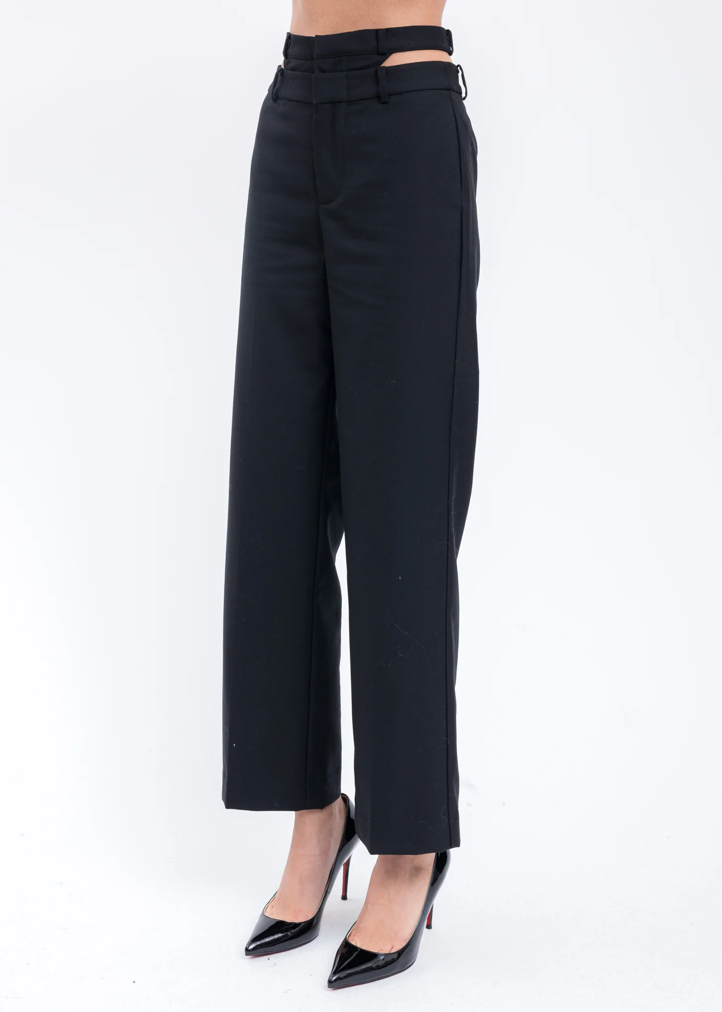 Black Wool Double Waistband Loose Pants - Image 3