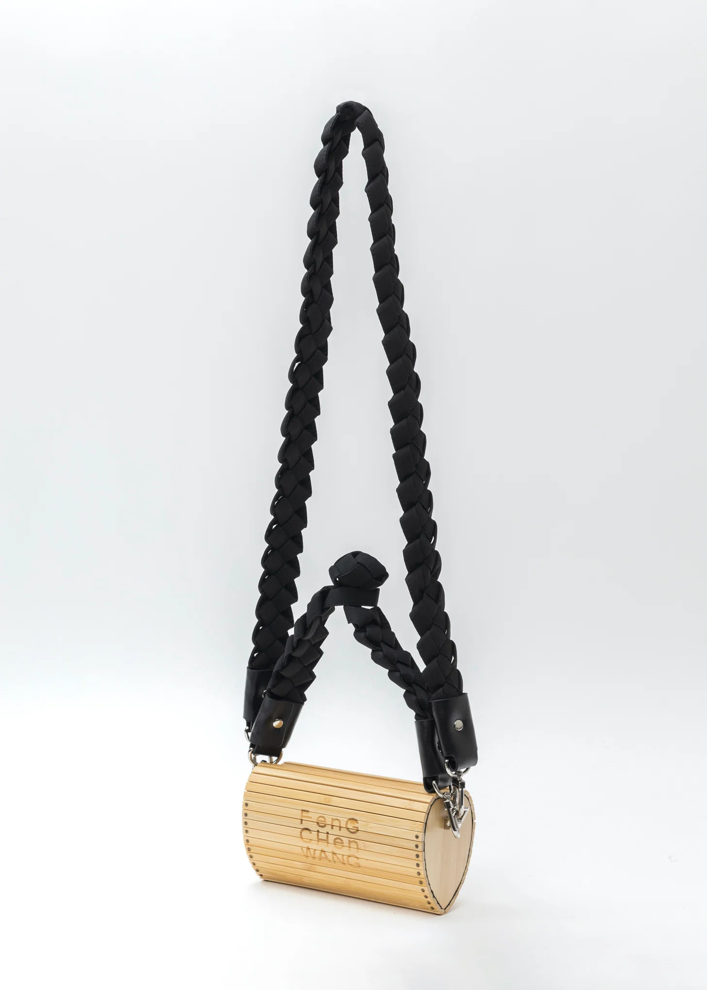 BLACK WOVEN STRAP HEART SHAPED BAMBOO BAG