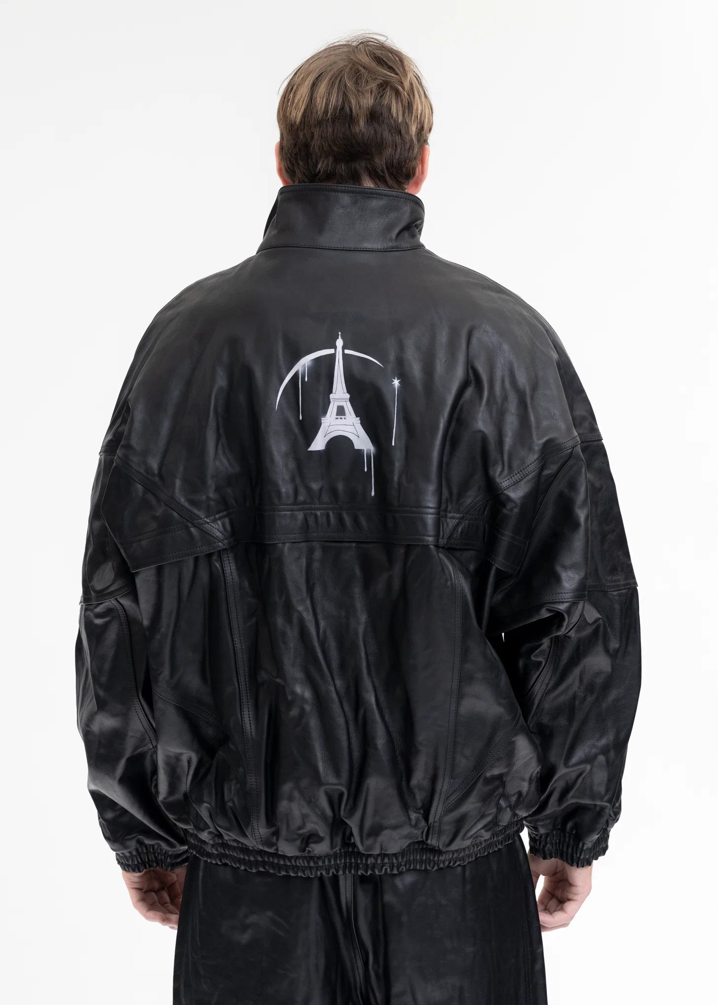 BLACK WRINKLE LEATHER TRACK JACKET - Image 2
