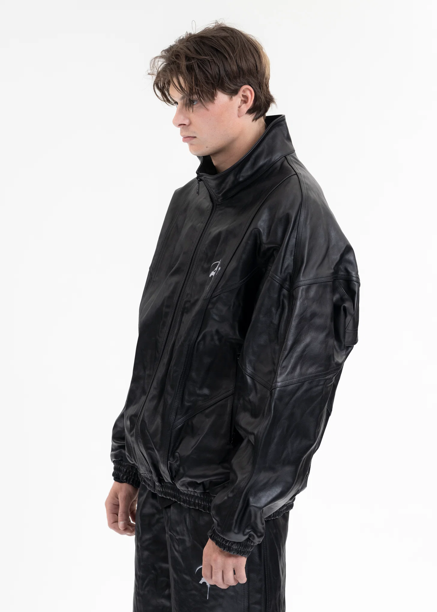 BLACK WRINKLE LEATHER TRACK JACKET - Image 3