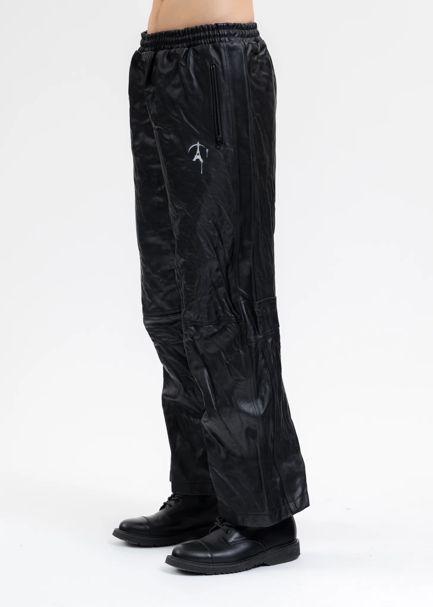 BLACK WRINKLE LEATHER TRACK PANTS - Image 2