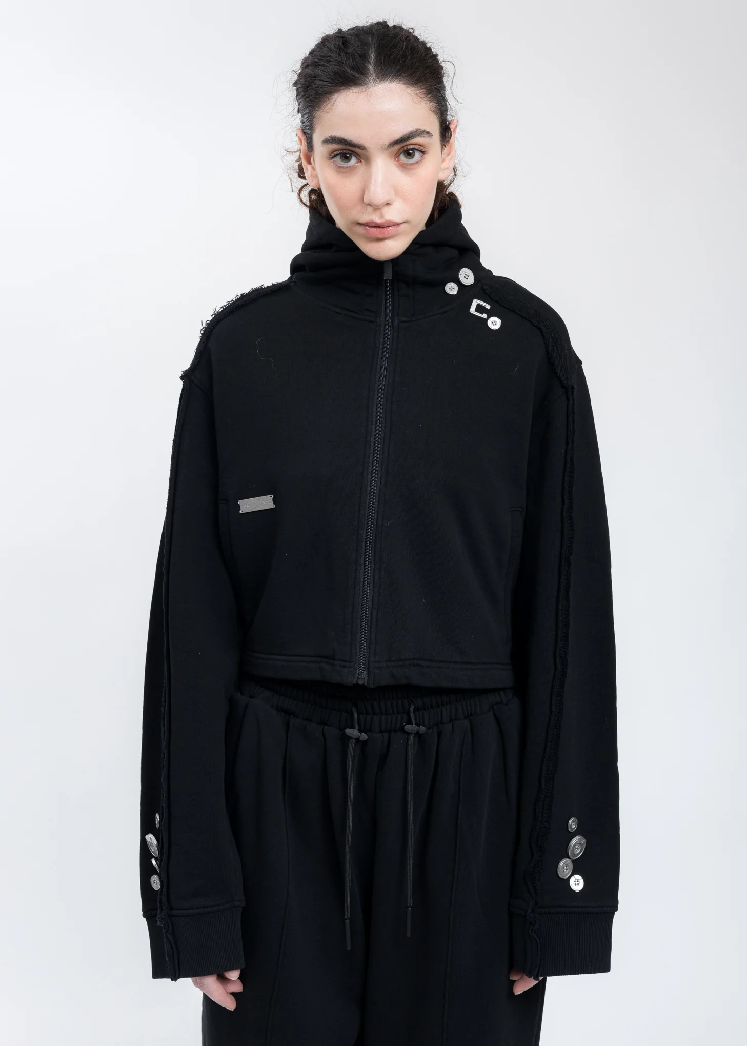 Black Zippered Raw Edge Short Hoodie
