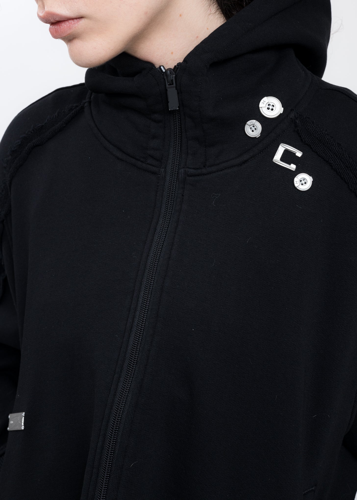 Black Zippered Raw Edge Short Hoodie - Image 5