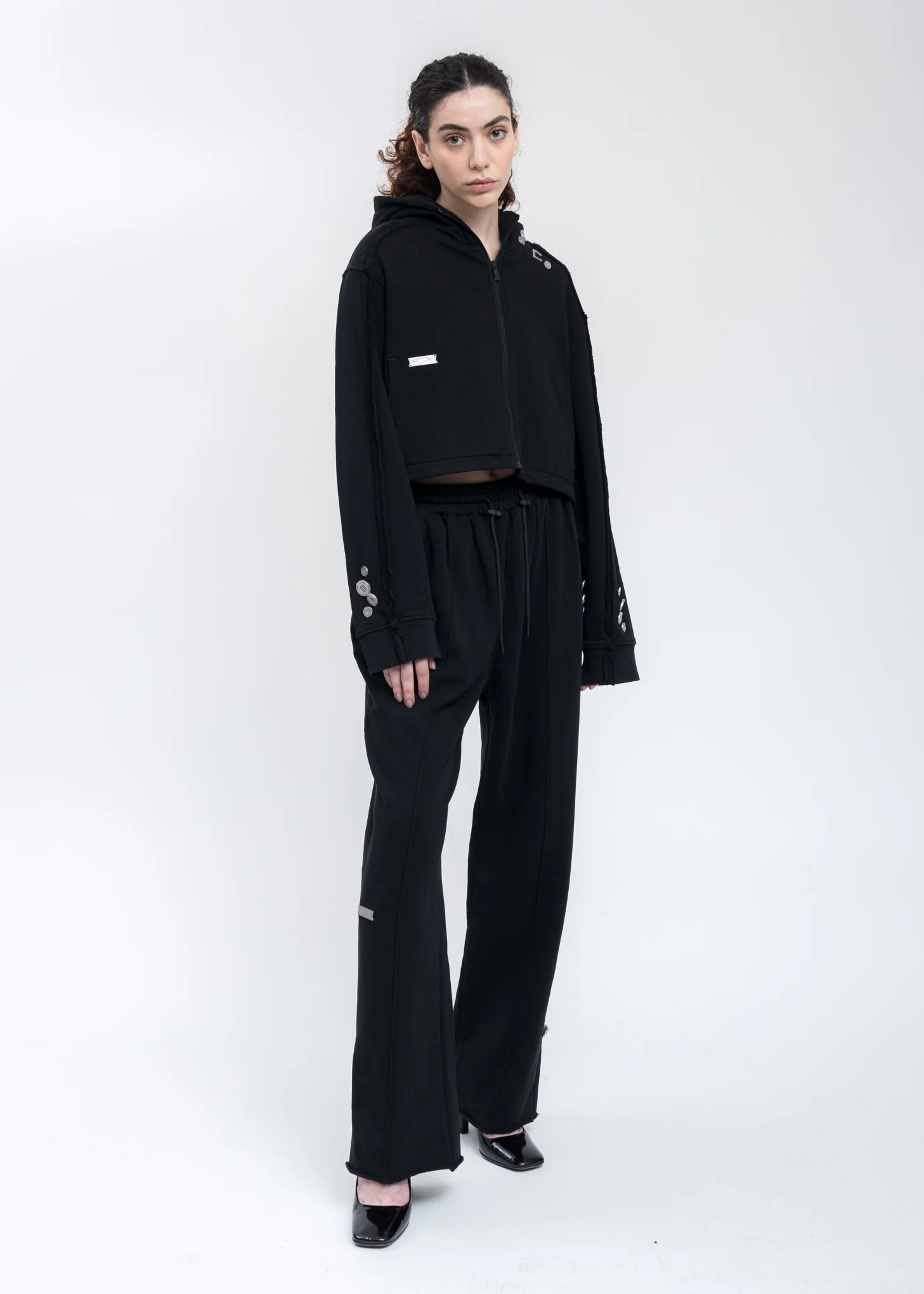 Black Zippered Raw Edge Short Hoodie - Image 6