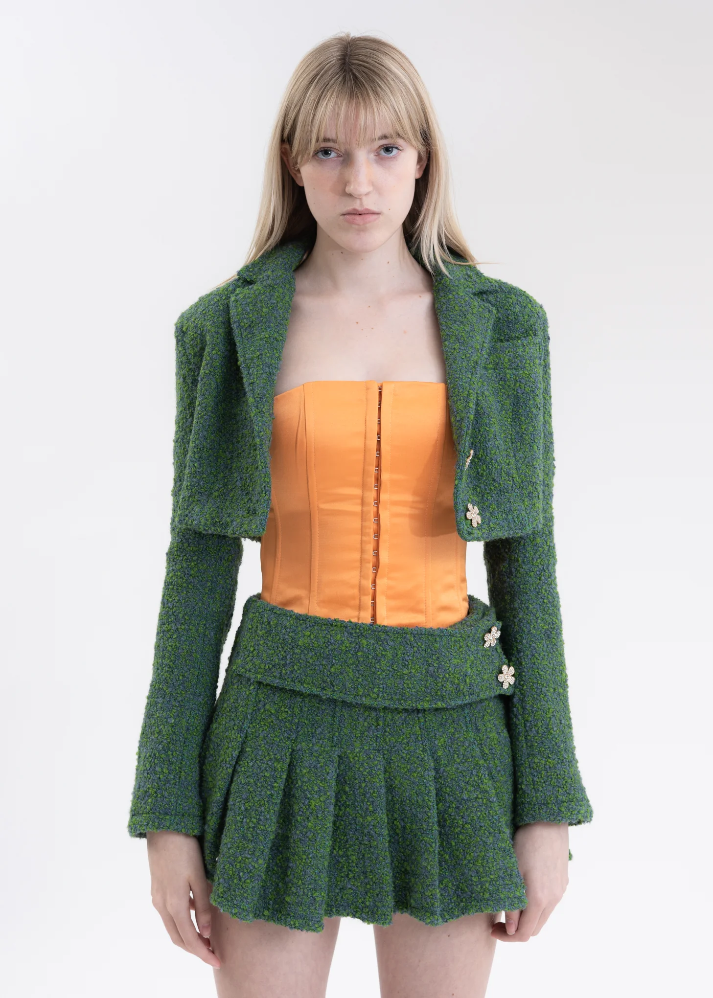Blue And Green Tweed Cropped Blazer