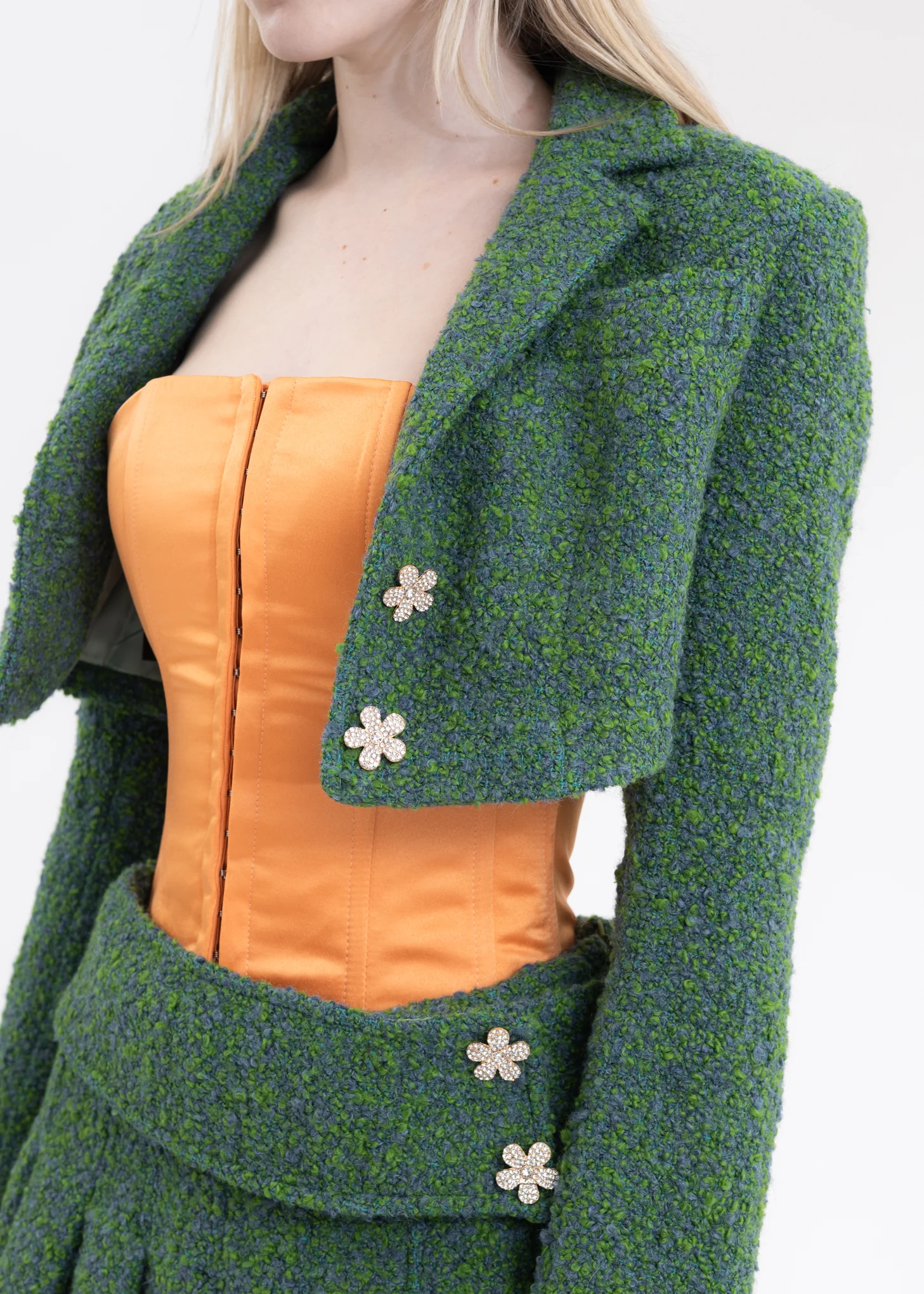 Blue And Green Tweed Cropped Blazer - Image 2
