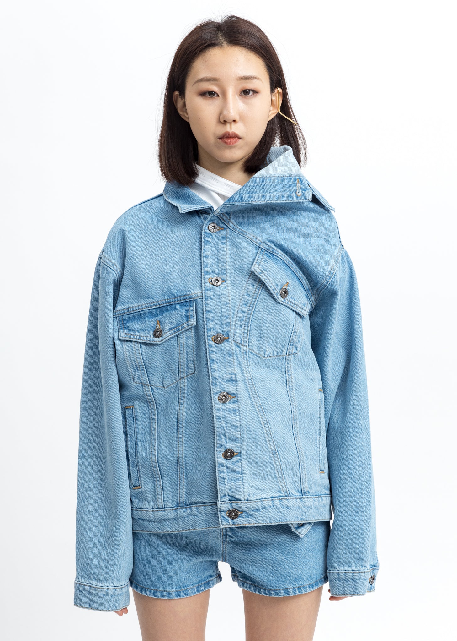 Blue Asymmetric Collar Denim Jacket - Image 2