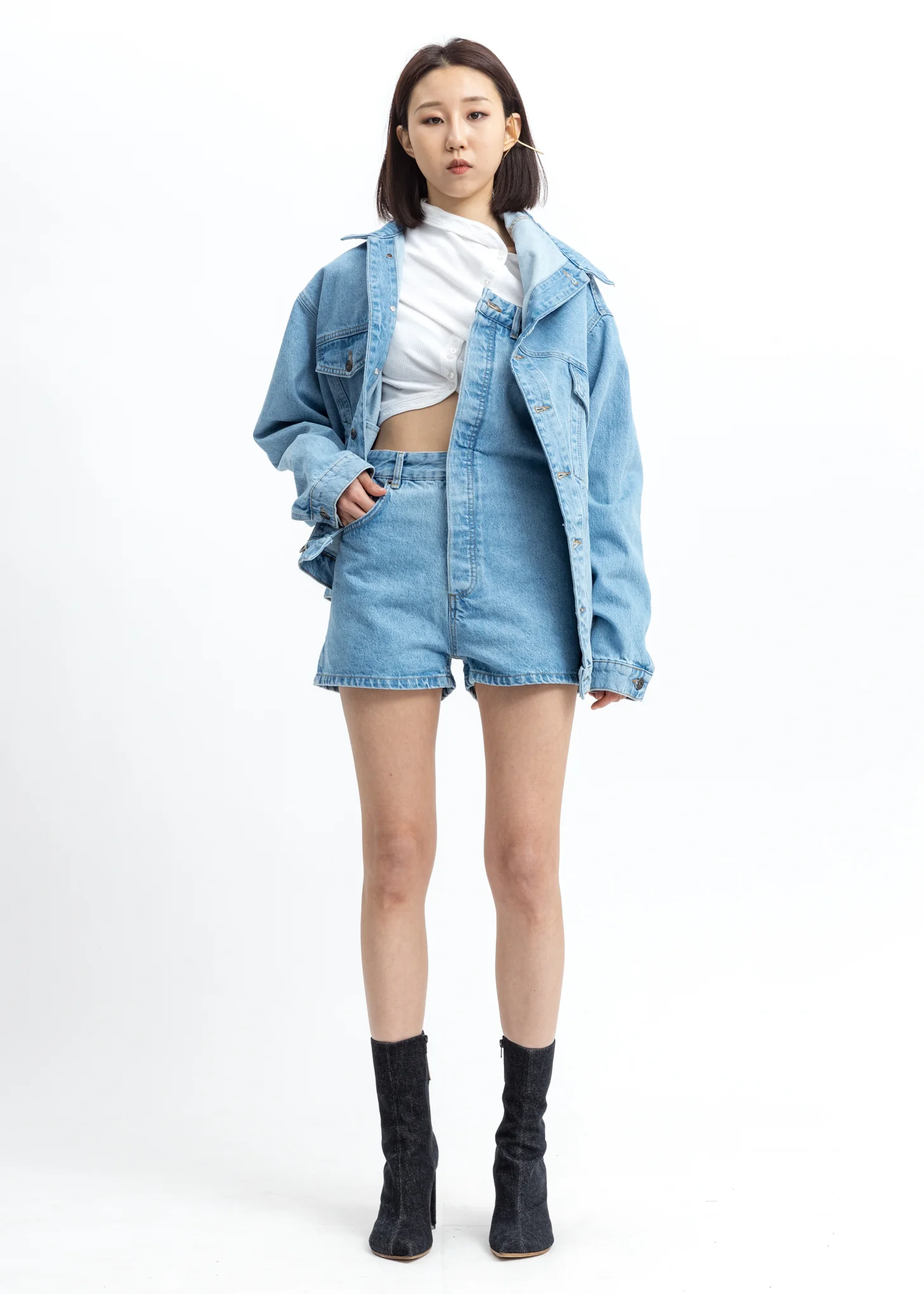 Blue Asymmetric Collar Denim Jacket - Image 5