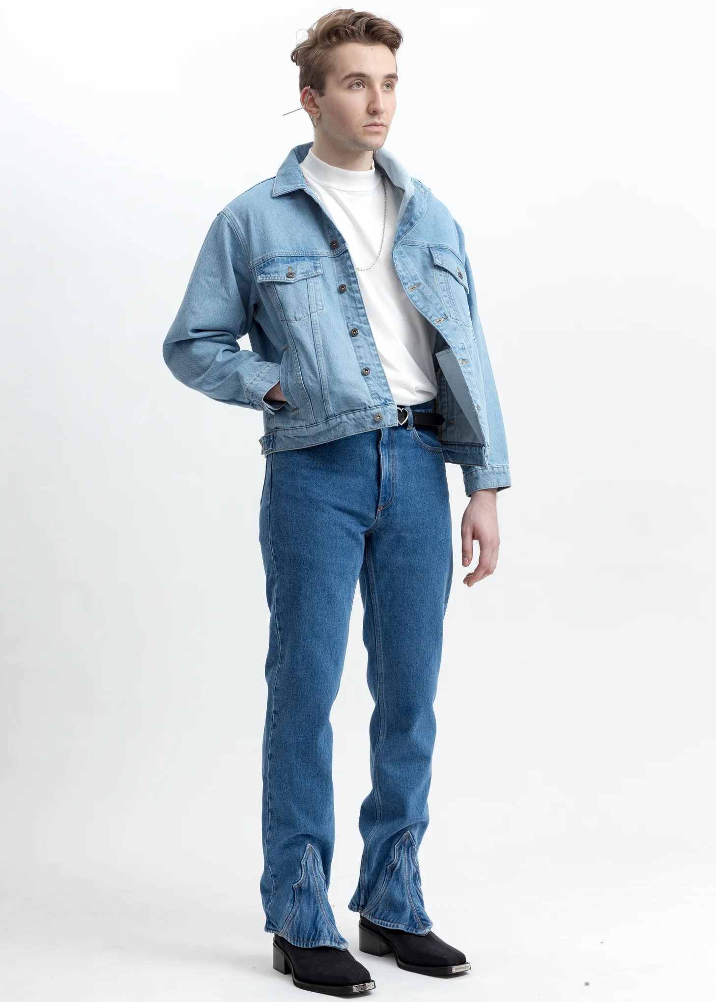 Blue Asymmetric Collar Denim Jacket - Image 6