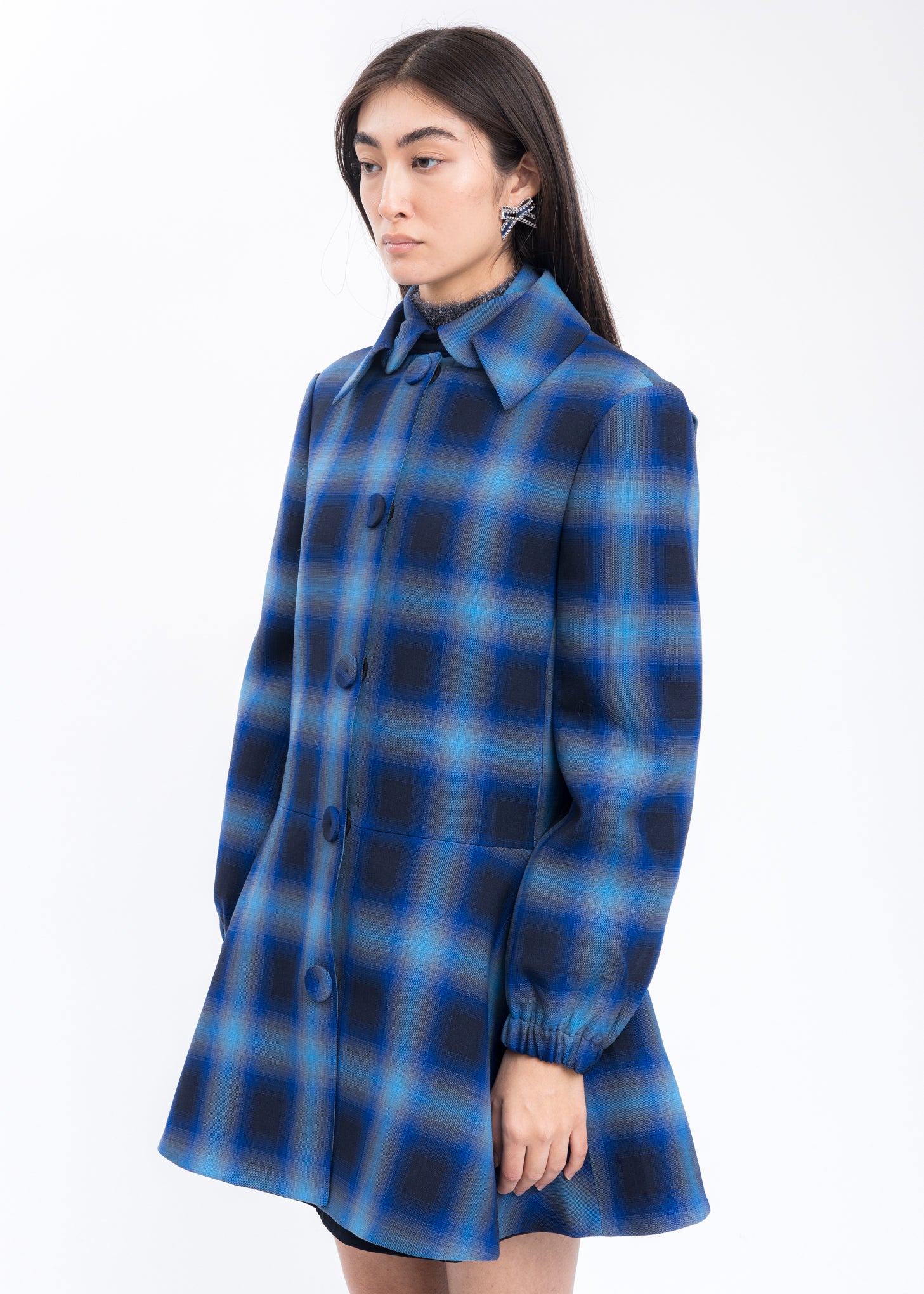 Blue Check Double Collar Long Coat - Image 3