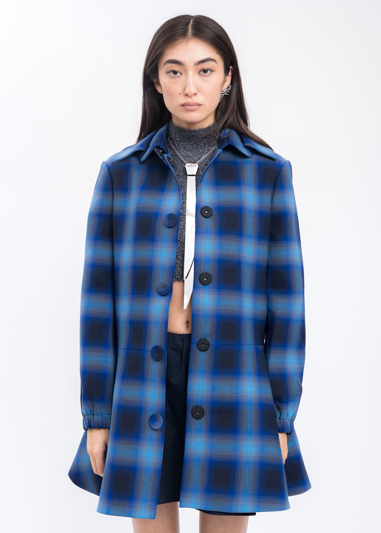 Blue Check Double Collar Long Coat - Image 4