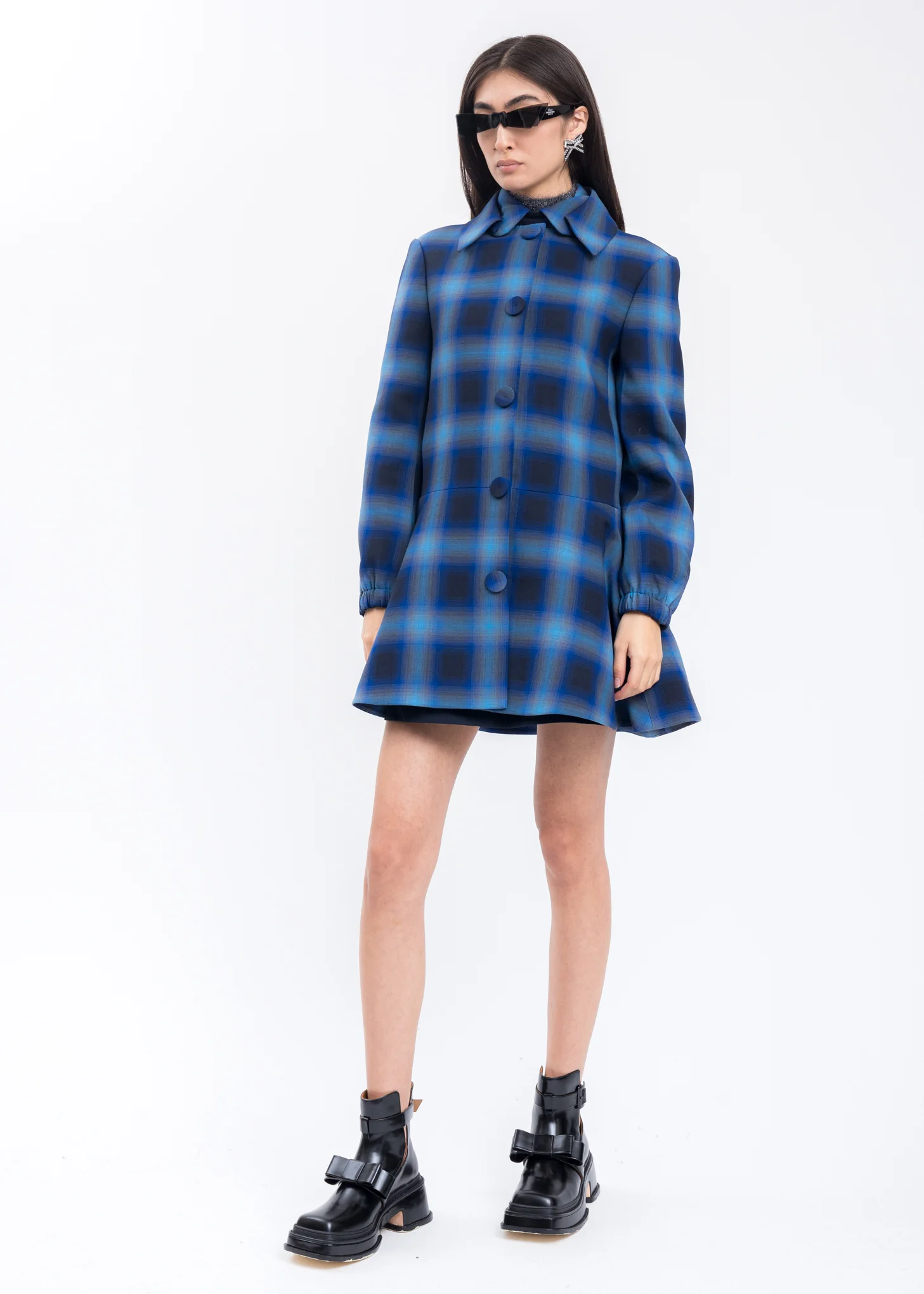 Blue Check Double Collar Long Coat - Image 5