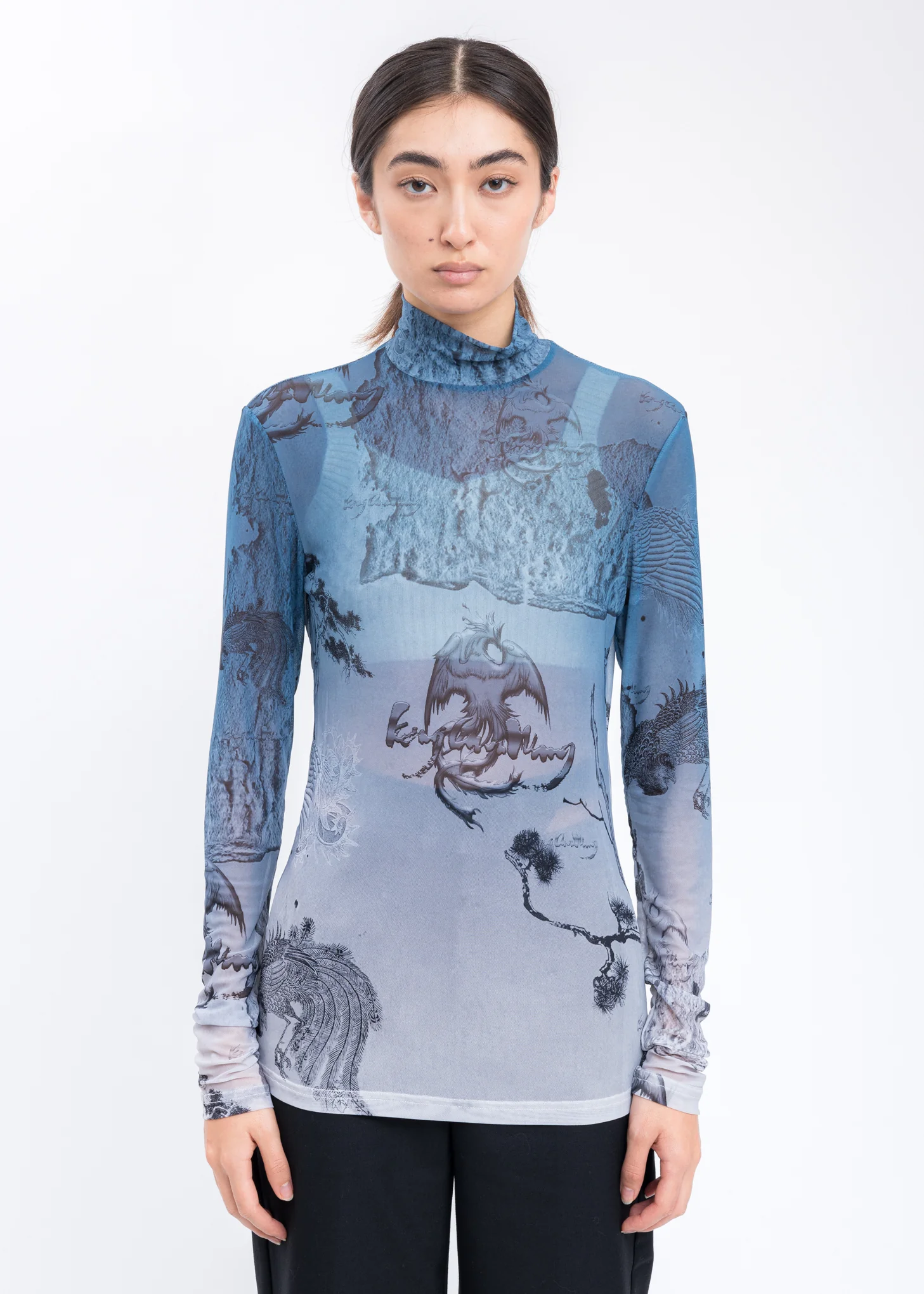 Blue Chinese Printed Jersey Mesh Top