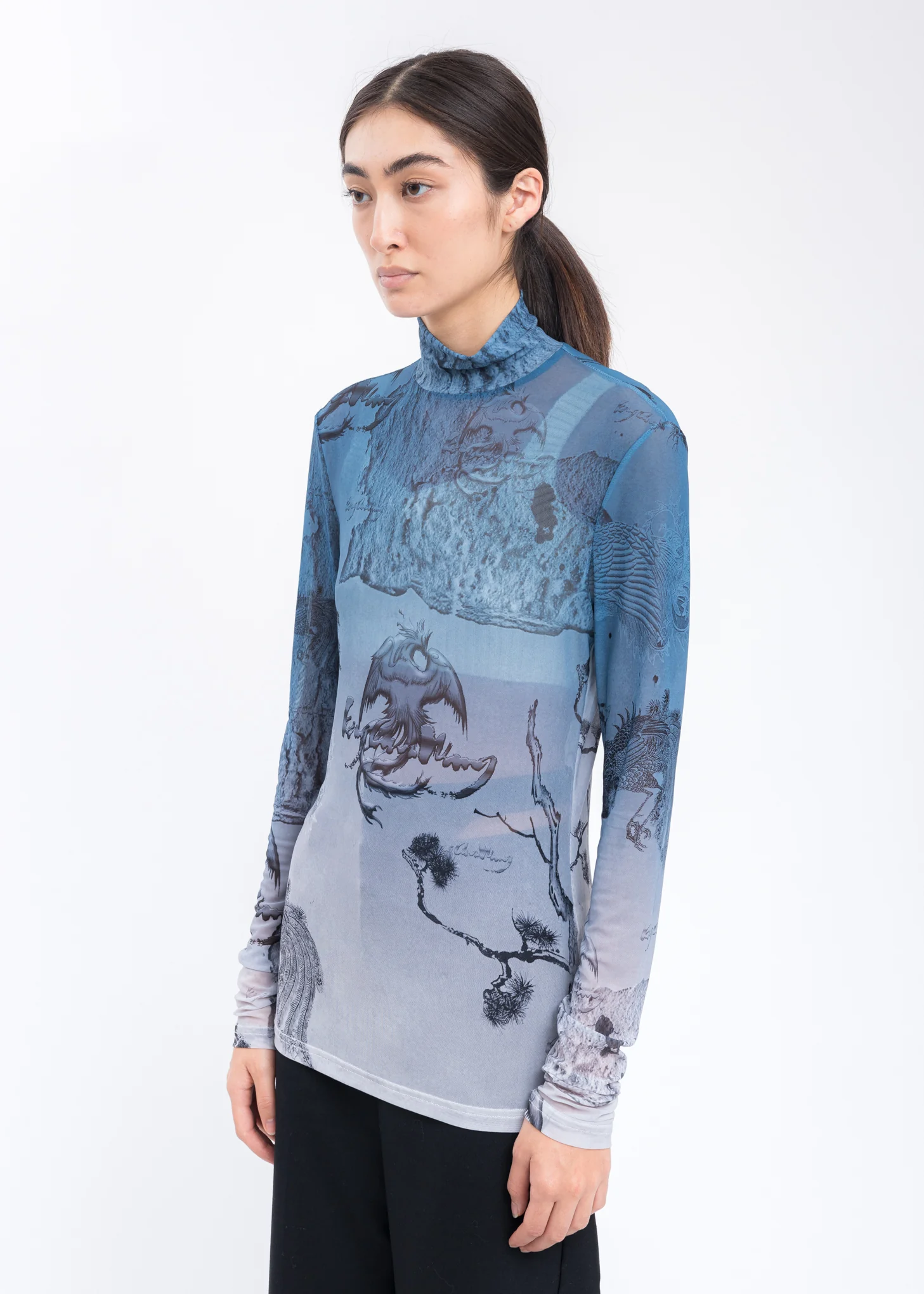 Blue Chinese Printed Jersey Mesh Top - Image 3