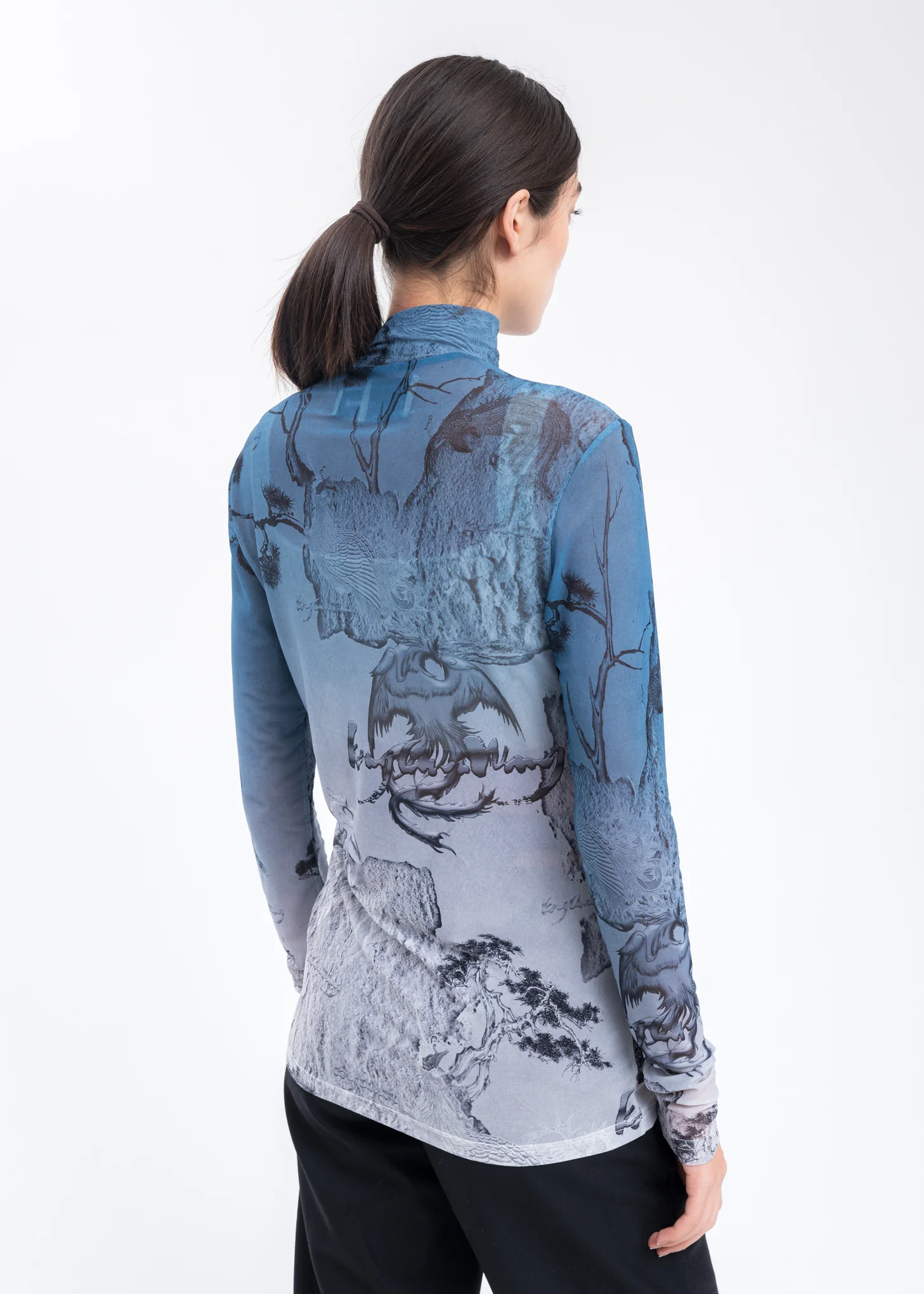 Blue Chinese Printed Jersey Mesh Top - Image 4