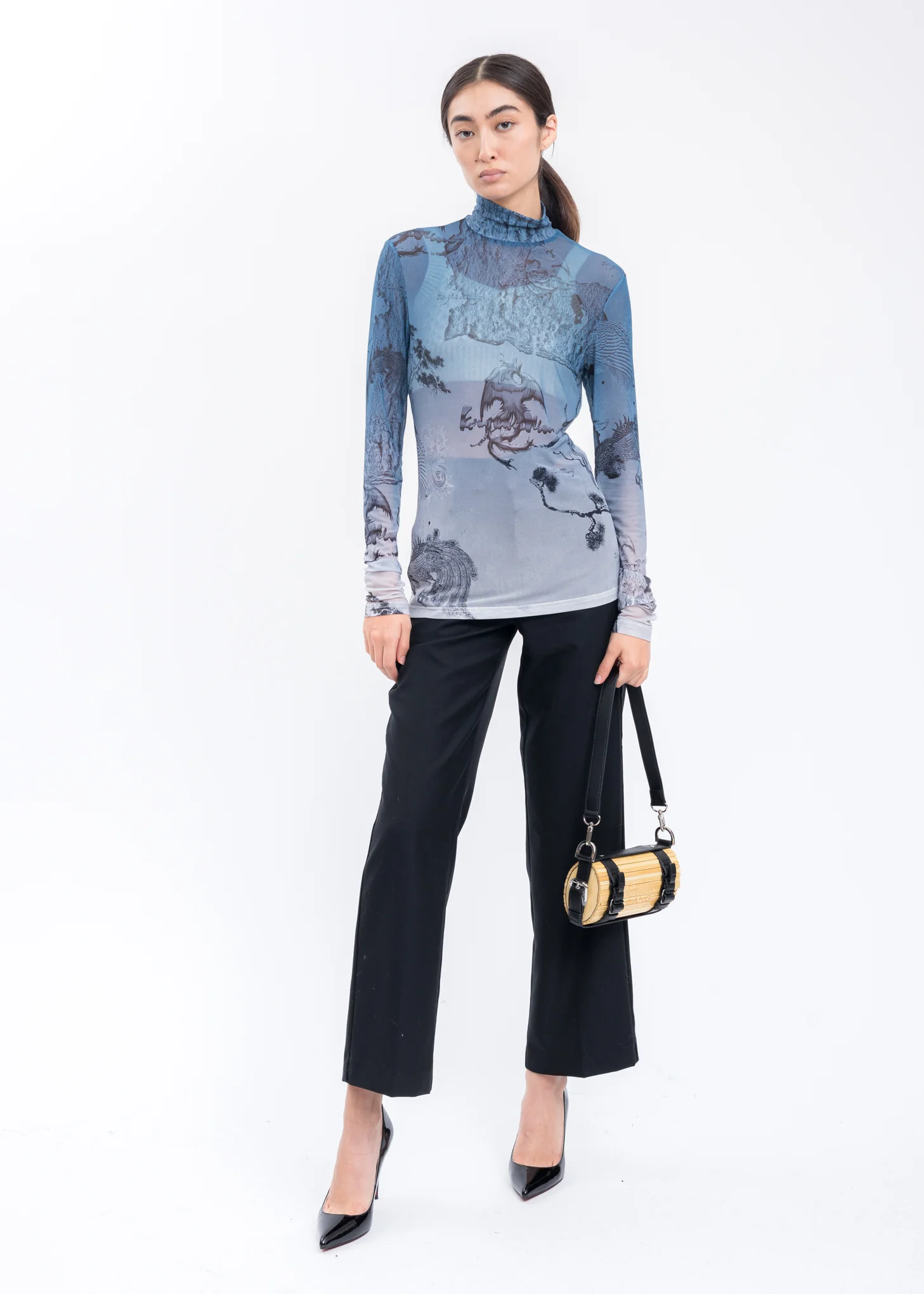 Blue Chinese Printed Jersey Mesh Top - Image 5