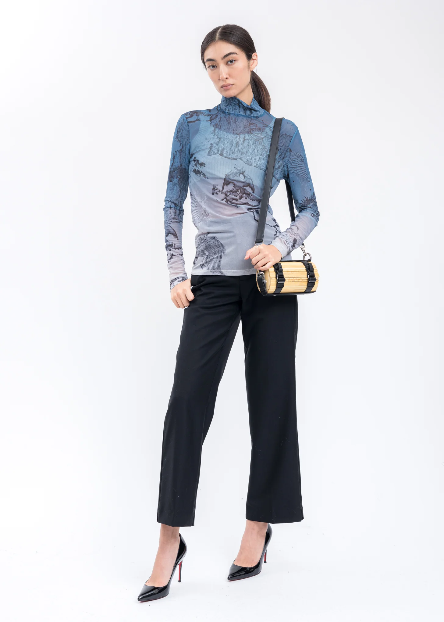 Blue Chinese Printed Jersey Mesh Top - Image 6