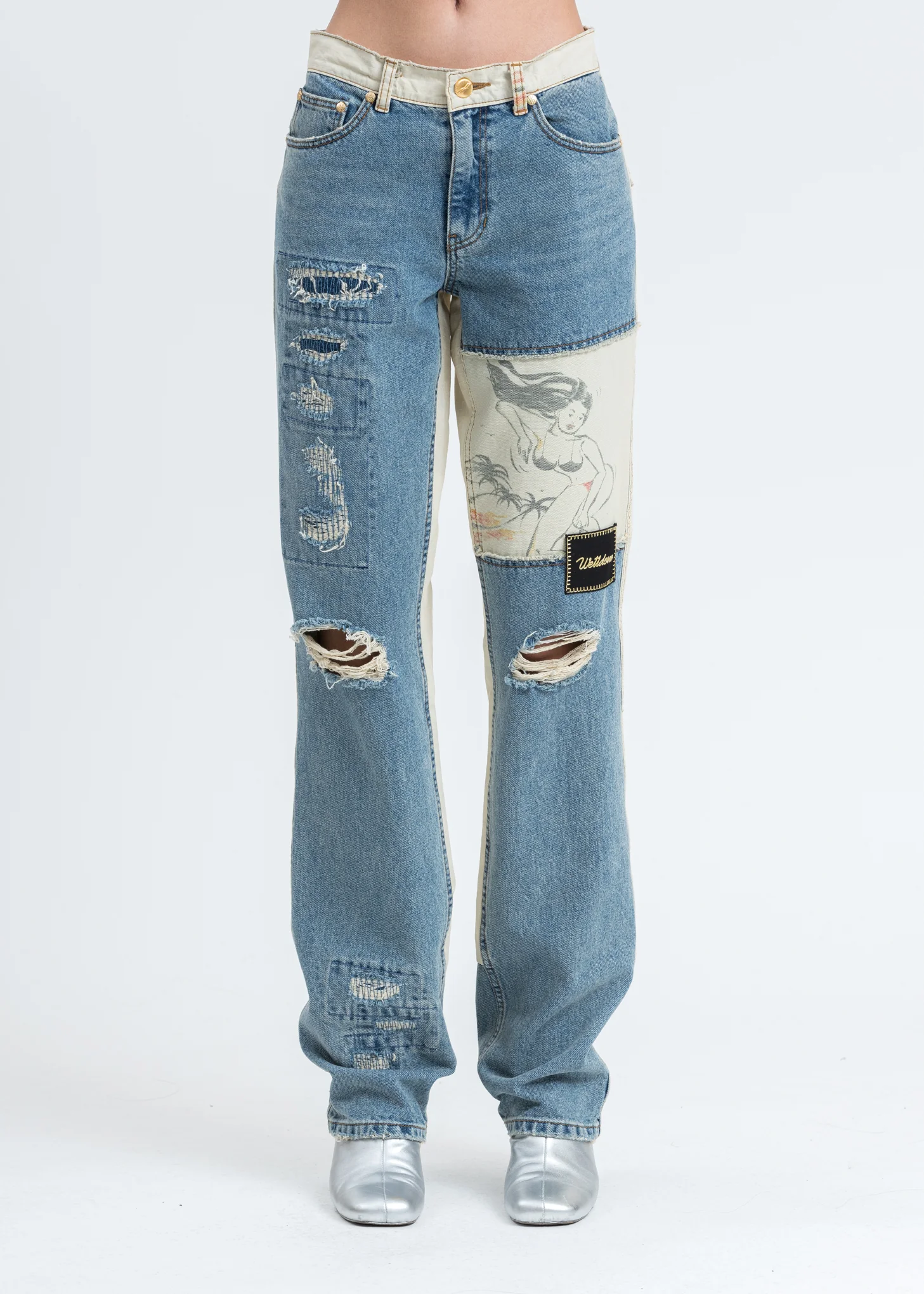 Blue Damage Washed Patch Work Denim Jeans