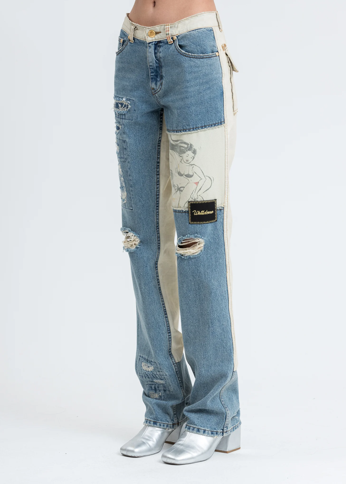 Blue Damage Washed Patch Work Denim Jeans - Image 3