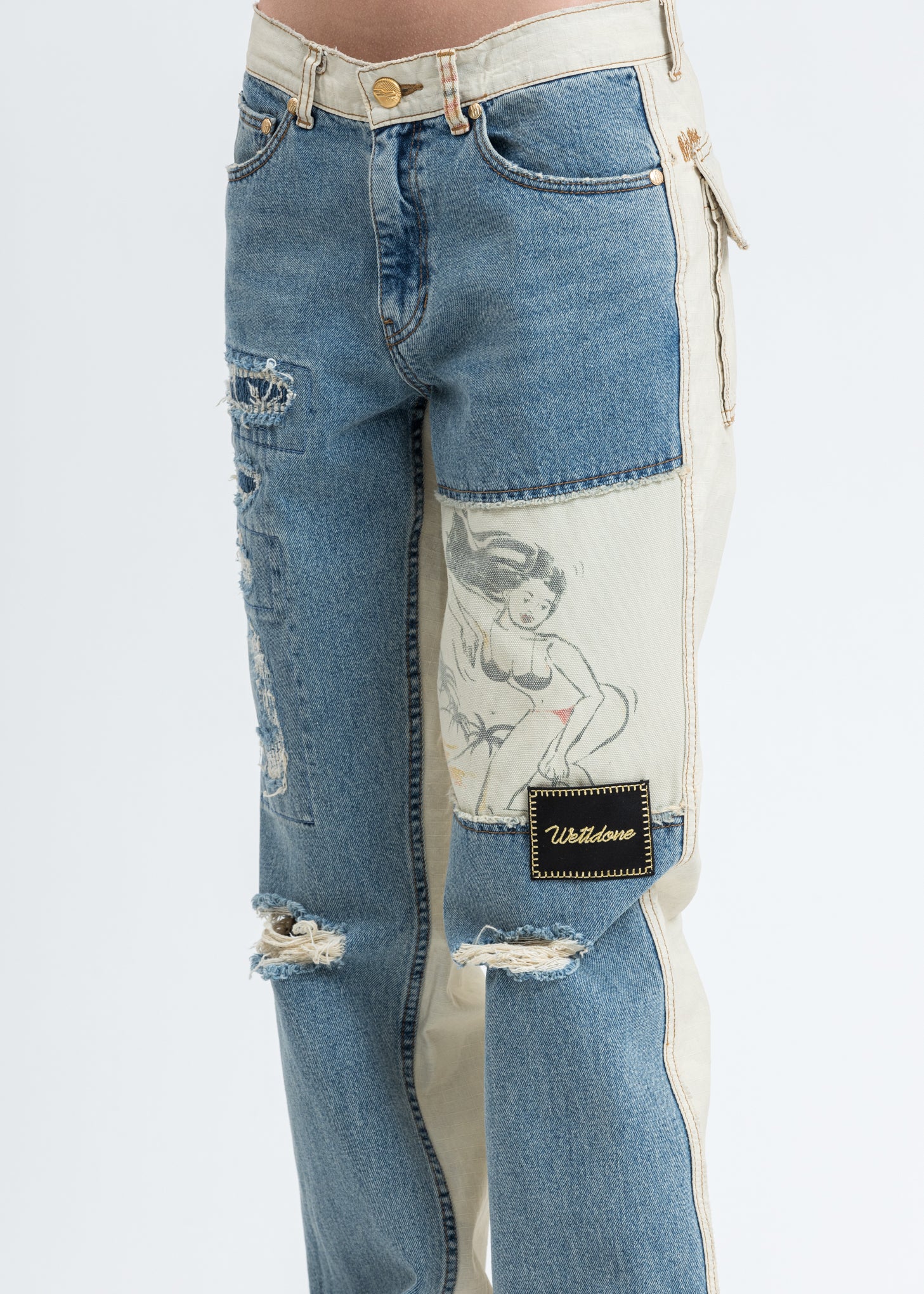 Blue Damage Washed Patch Work Denim Jeans - Image 4