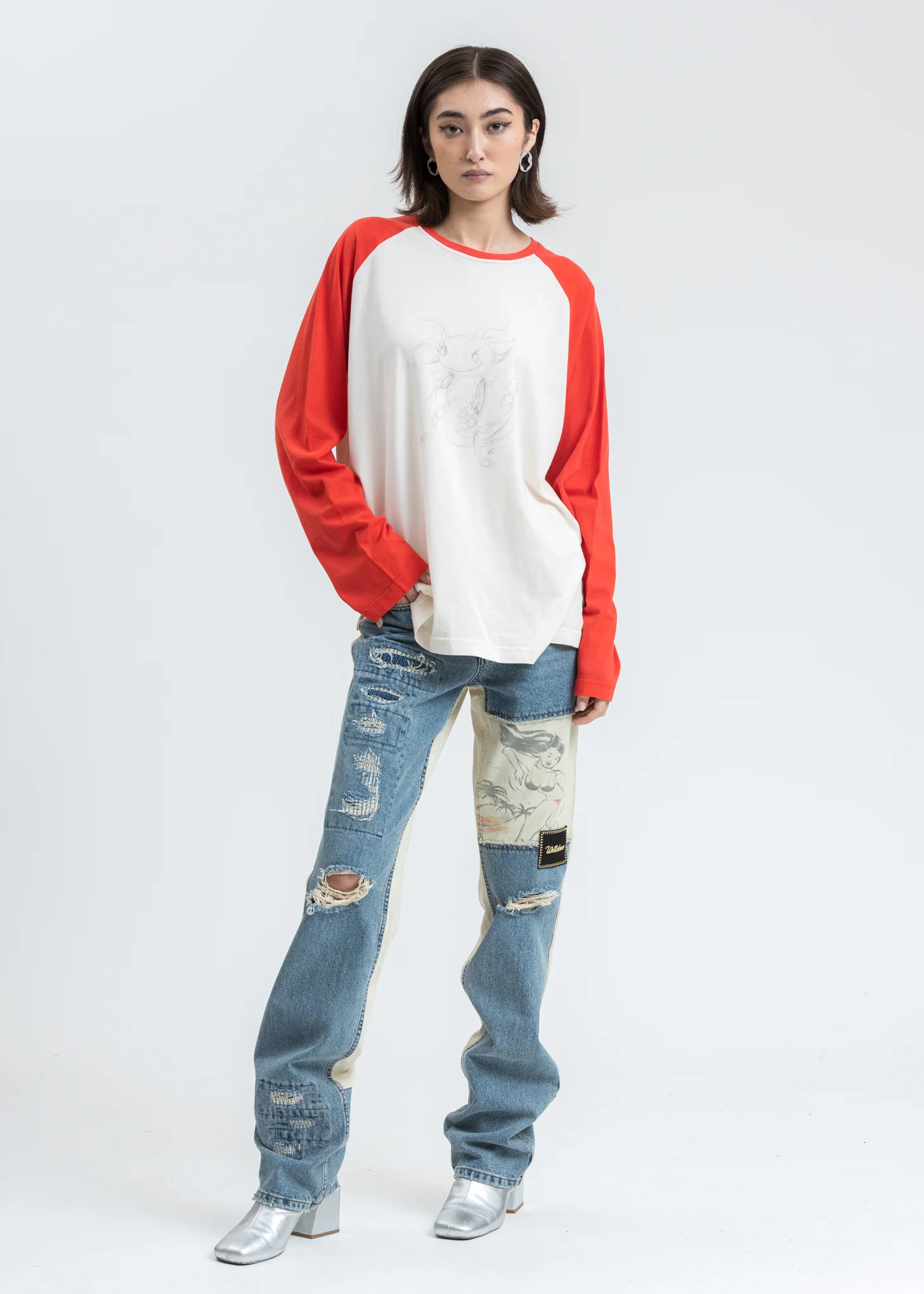 Blue Damage Washed Patch Work Denim Jeans - Image 7