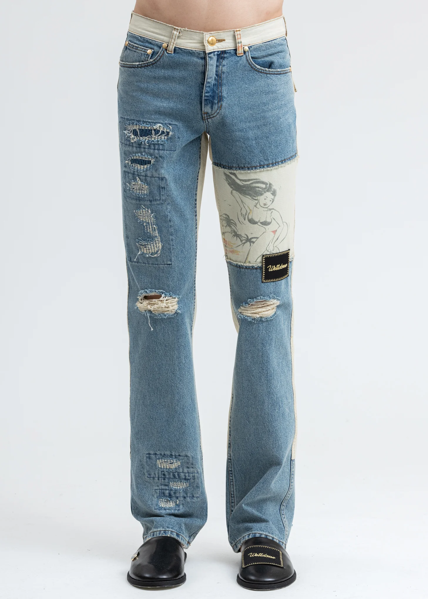 Blue Damage Washed Patch Work Denim Jeans