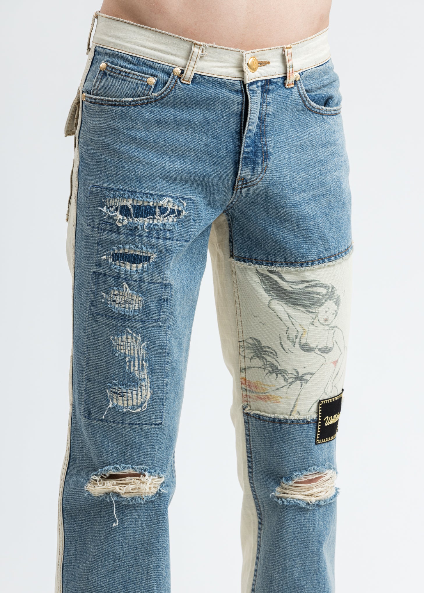 Blue Damage Washed Patch Work Denim Jeans - Image 5
