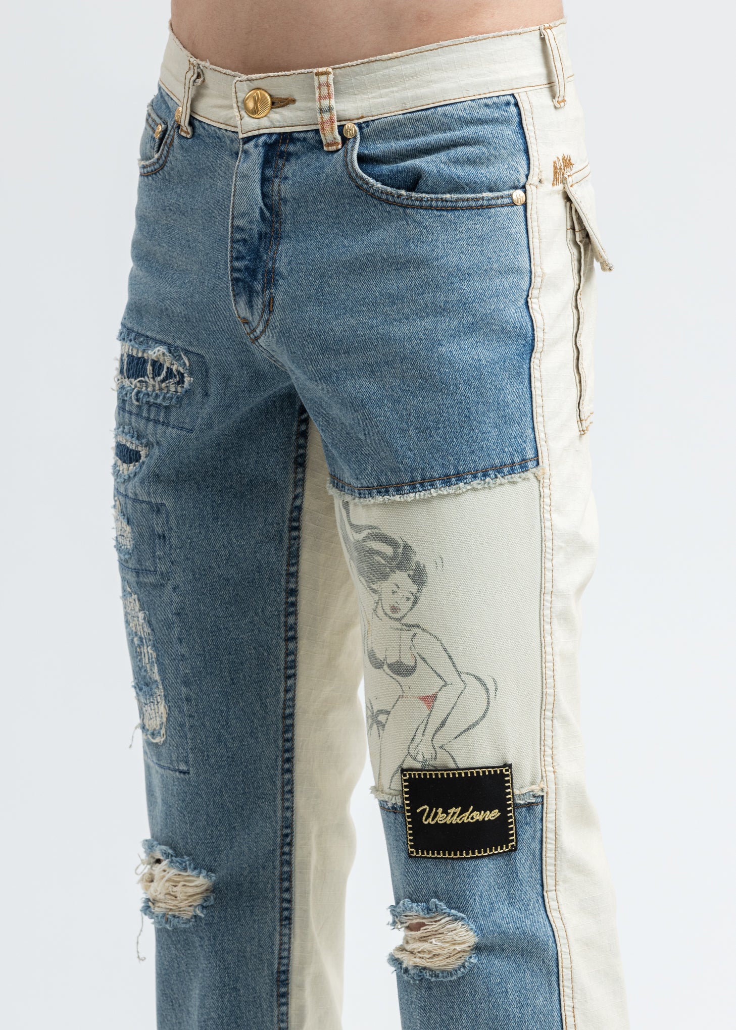 Blue Damage Washed Patch Work Denim Jeans - Image 6