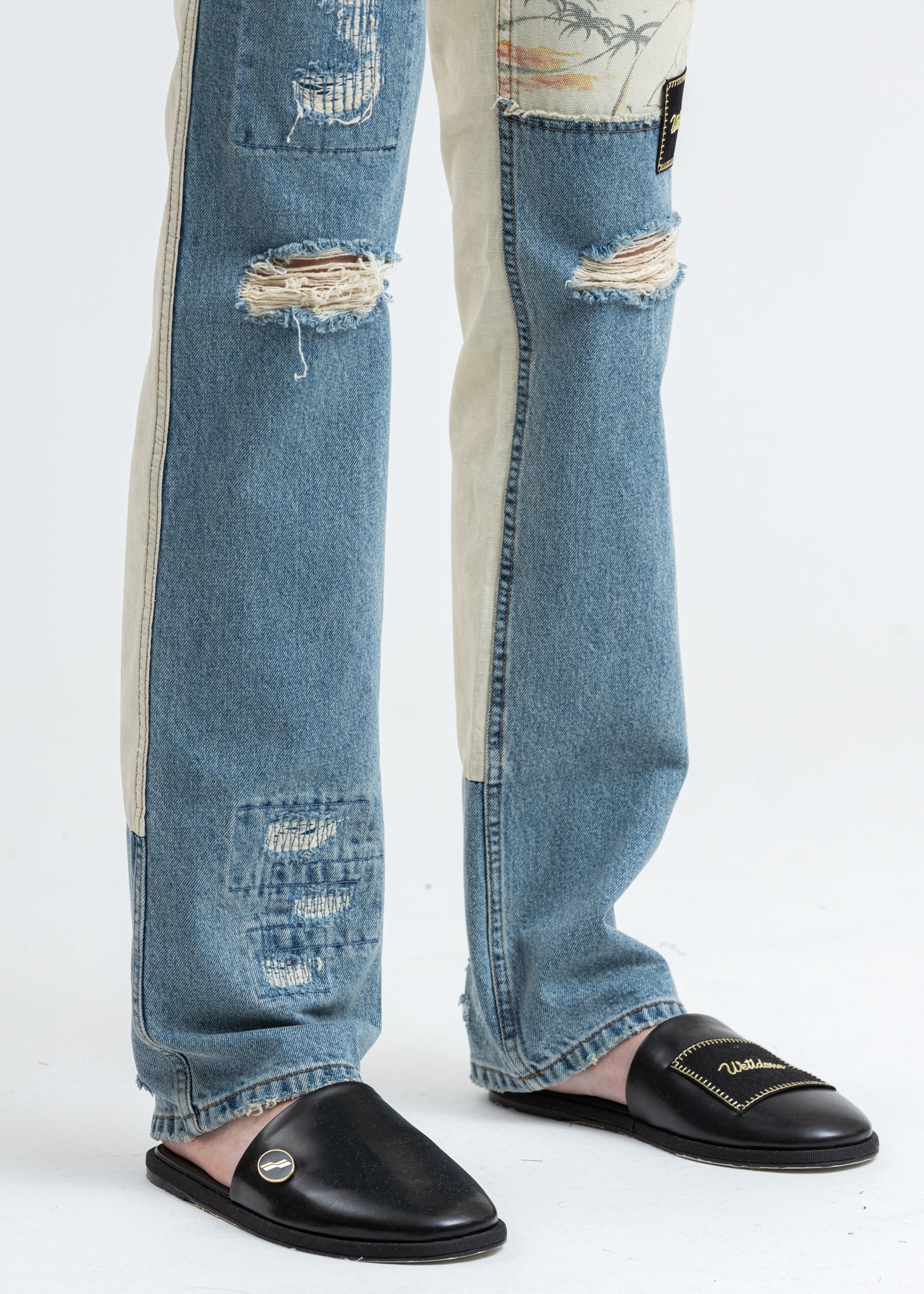Blue Damage Washed Patch Work Denim Jeans - Image 7