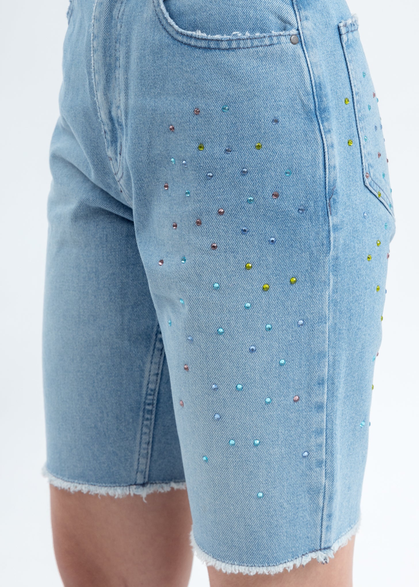 Blue Denim Embellished Shorts - Image 2
