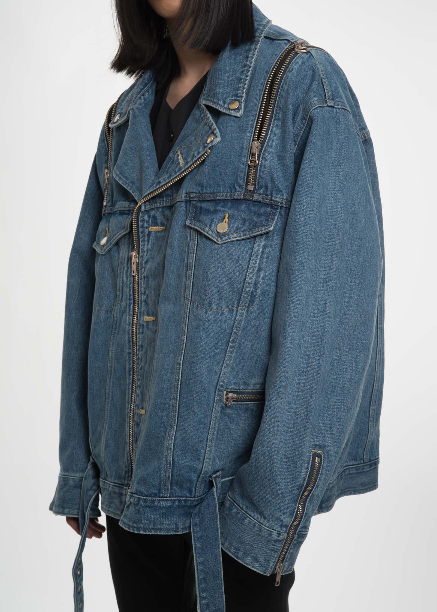 Blue Denim Zip Biker Jacket - Image 2