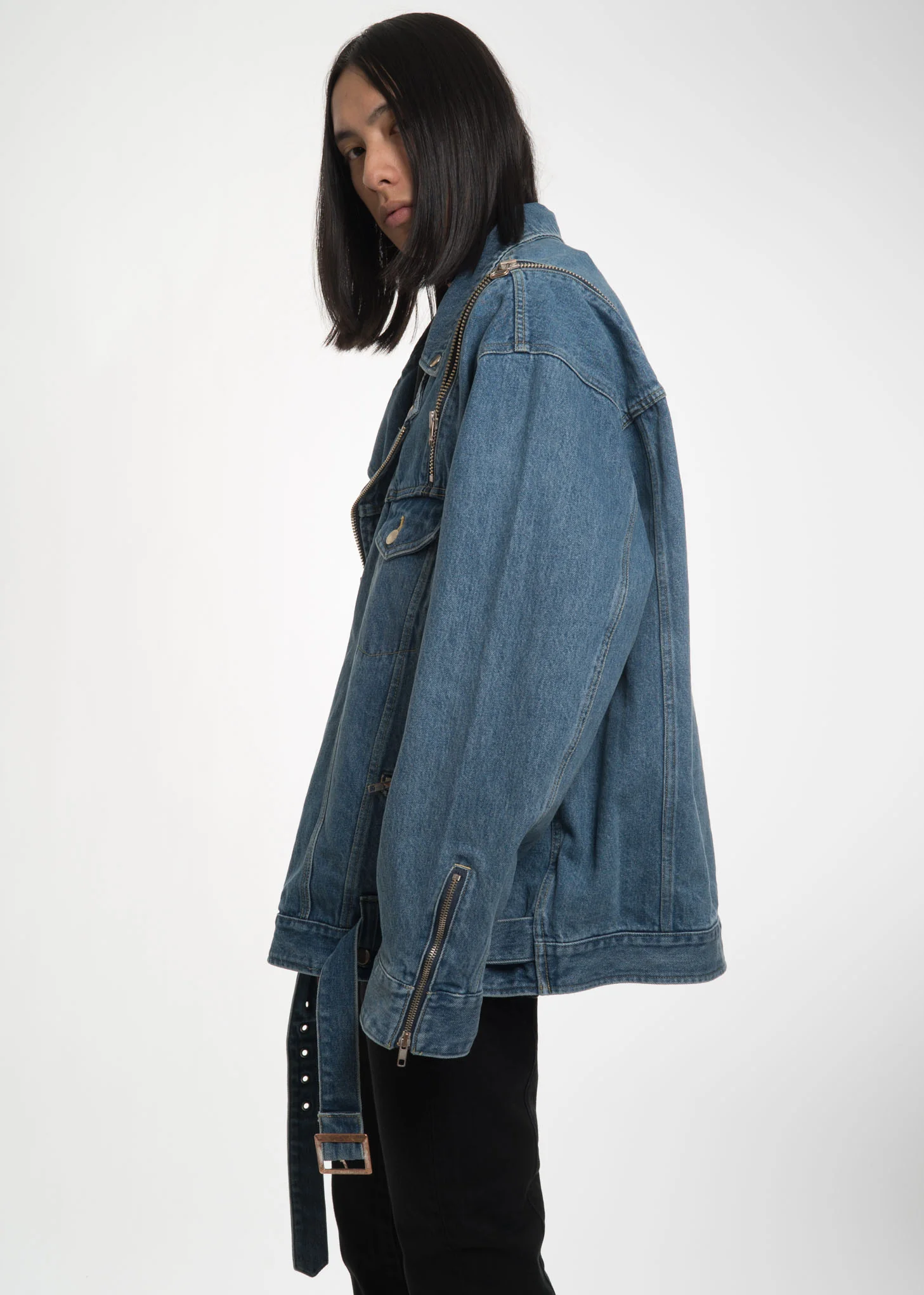 Blue Denim Zip Biker Jacket - Image 8