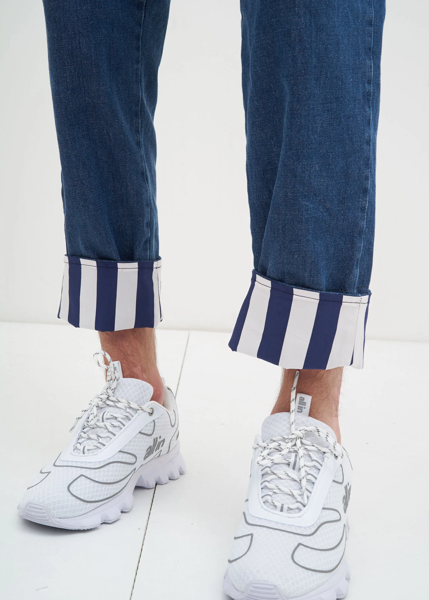 Blue Elastic Denim Pants with Stripes - Image 3