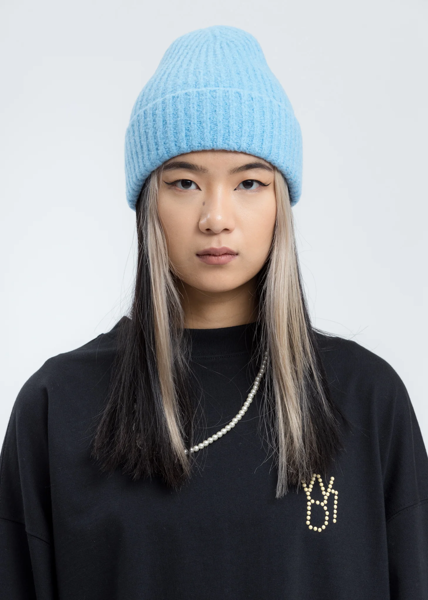 Blue Felted Knit Long Beanie W/Pin