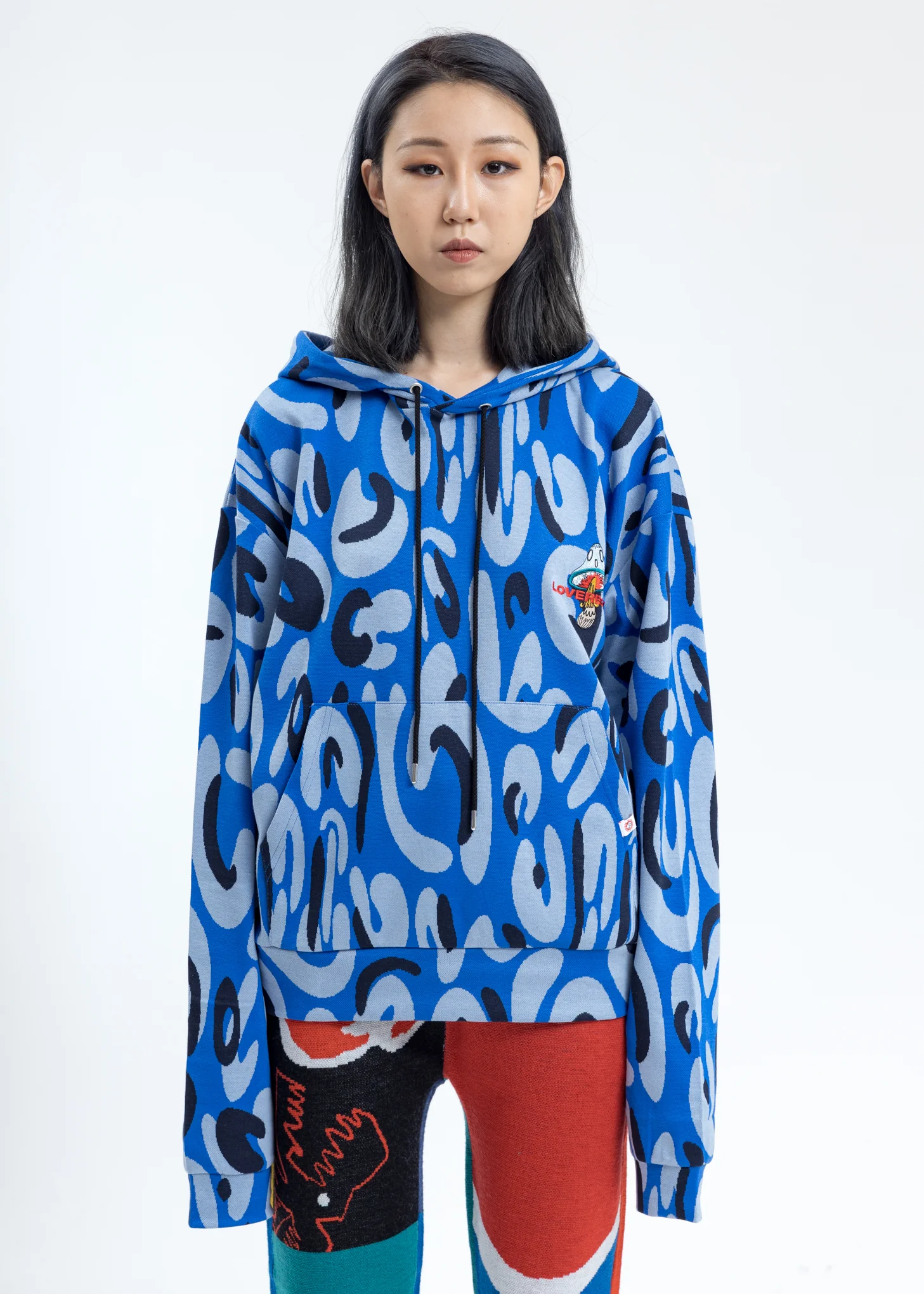 Blue Hand-drawn Monster Print Hoodie with Ears