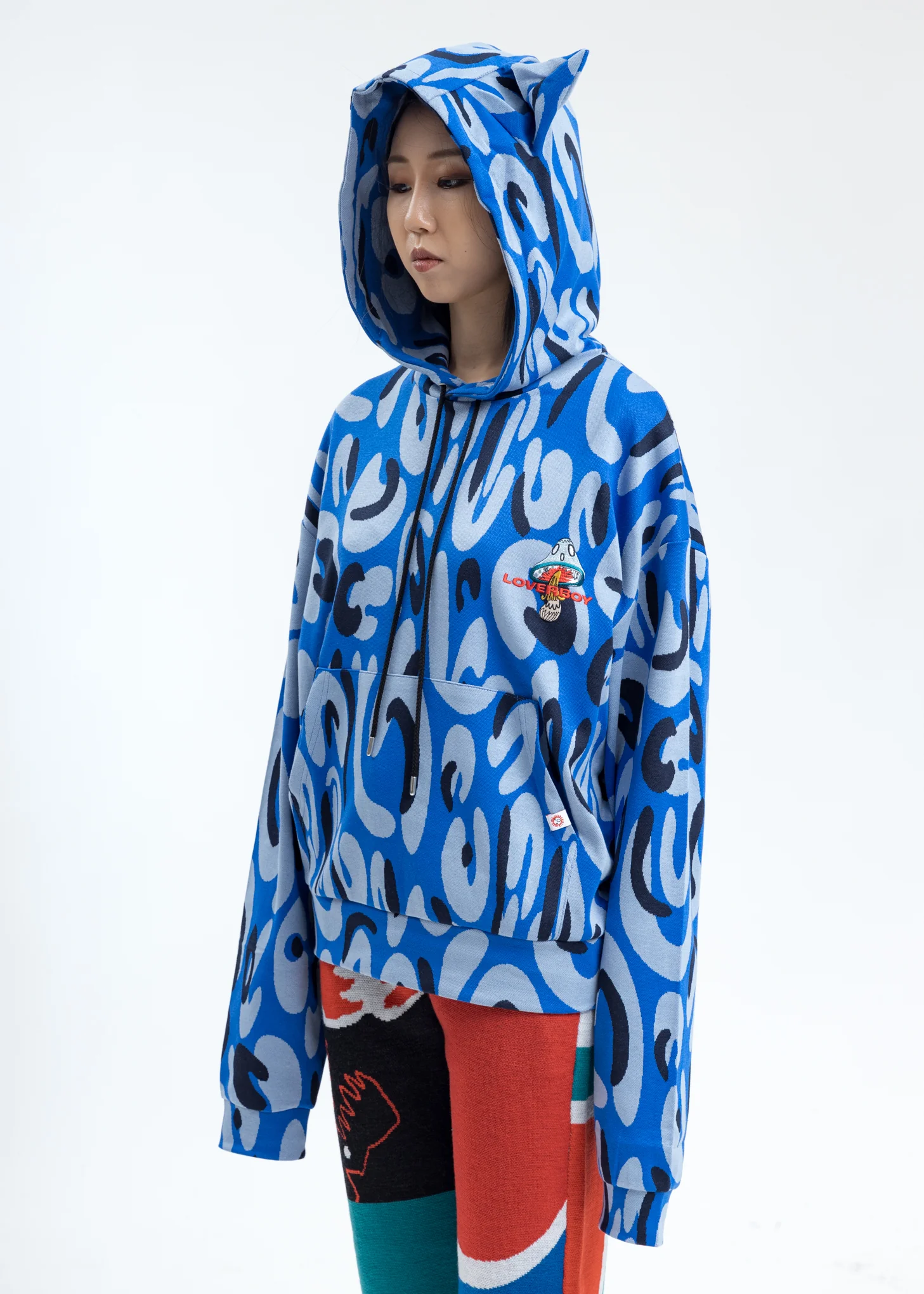 Blue Hand-drawn Monster Print Hoodie with Ears - Image 2