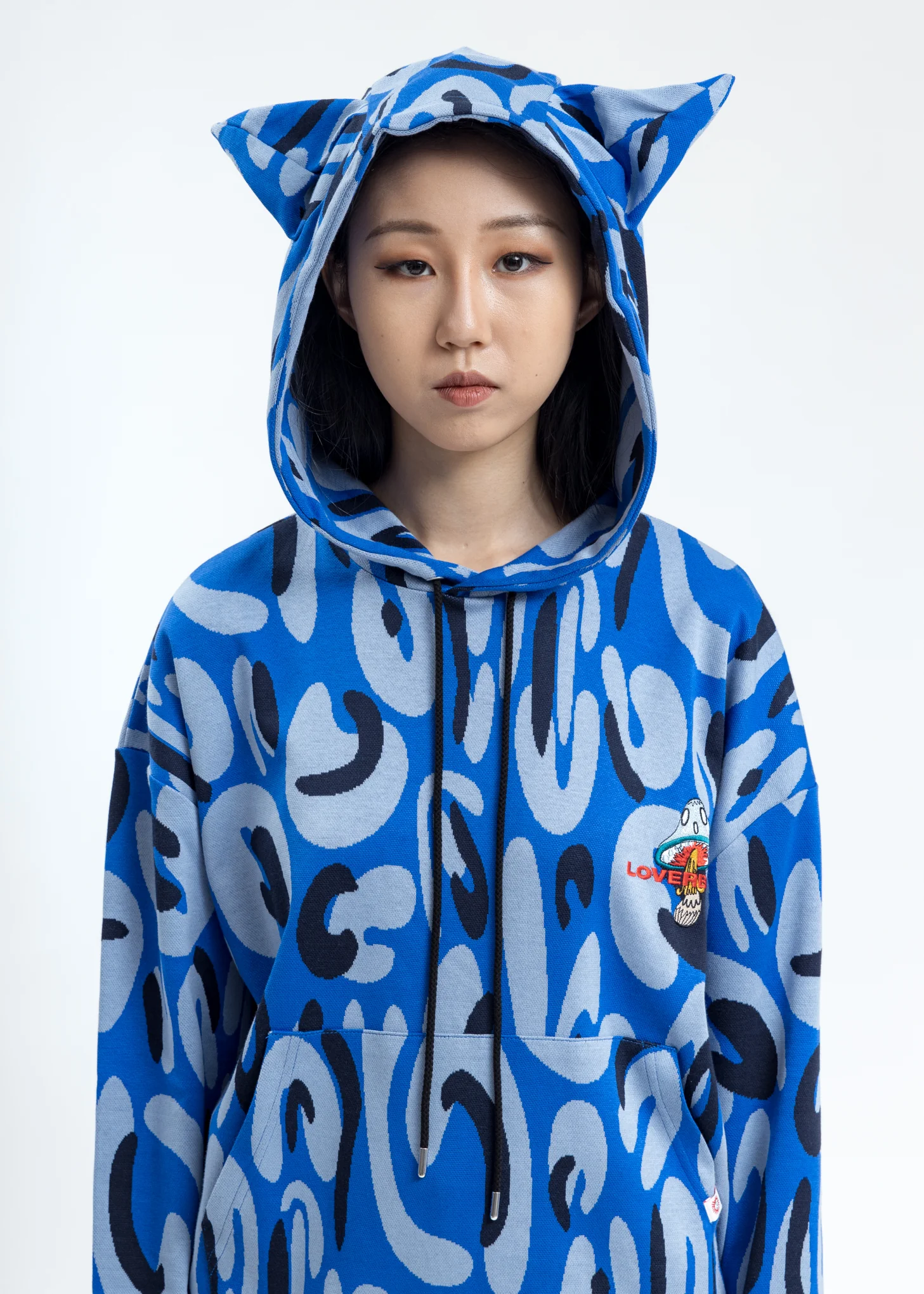 Blue Hand-drawn Monster Print Hoodie with Ears - Image 3