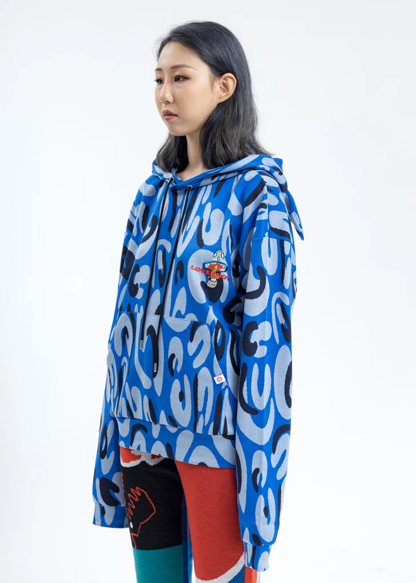 Blue Hand-drawn Monster Print Hoodie with Ears - Image 4