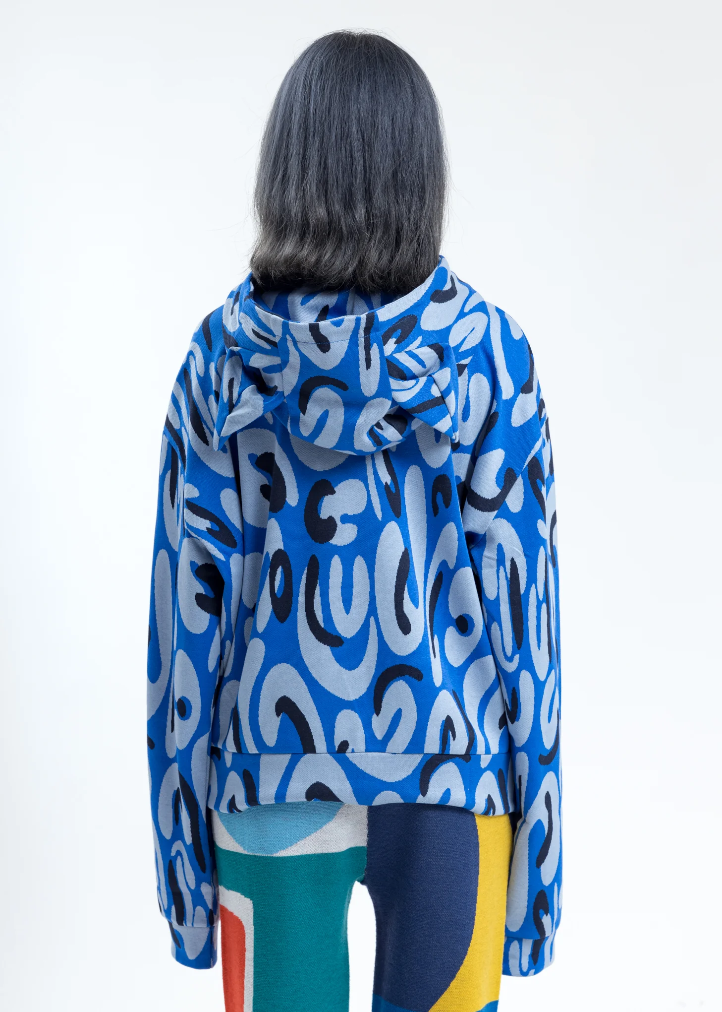 Blue Hand-drawn Monster Print Hoodie with Ears - Image 5